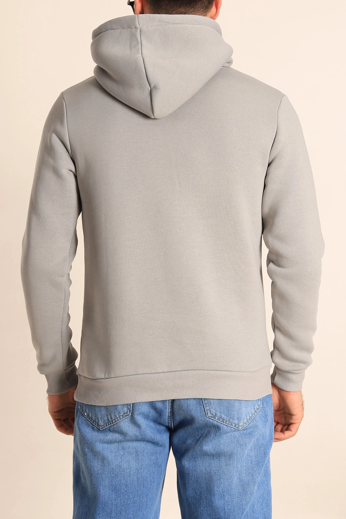 Gri Oversize Üç İp Şardonlu Basic Kapüşonlu Erkek Sweatshirt 226980