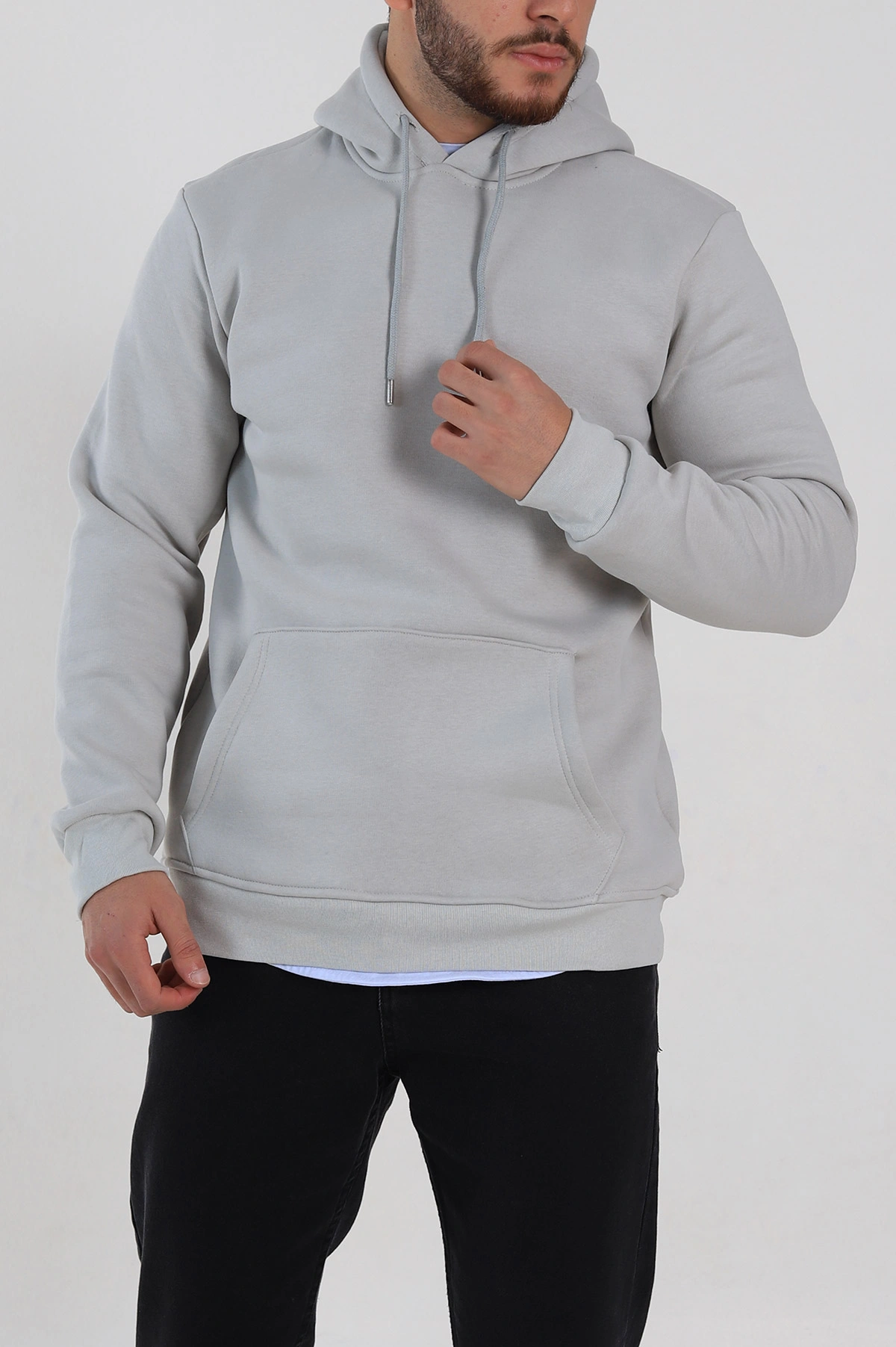 Gri Oversize Üç İp Şardonlu Erkek Basic Kapüşonlu Sweatshirt 316270