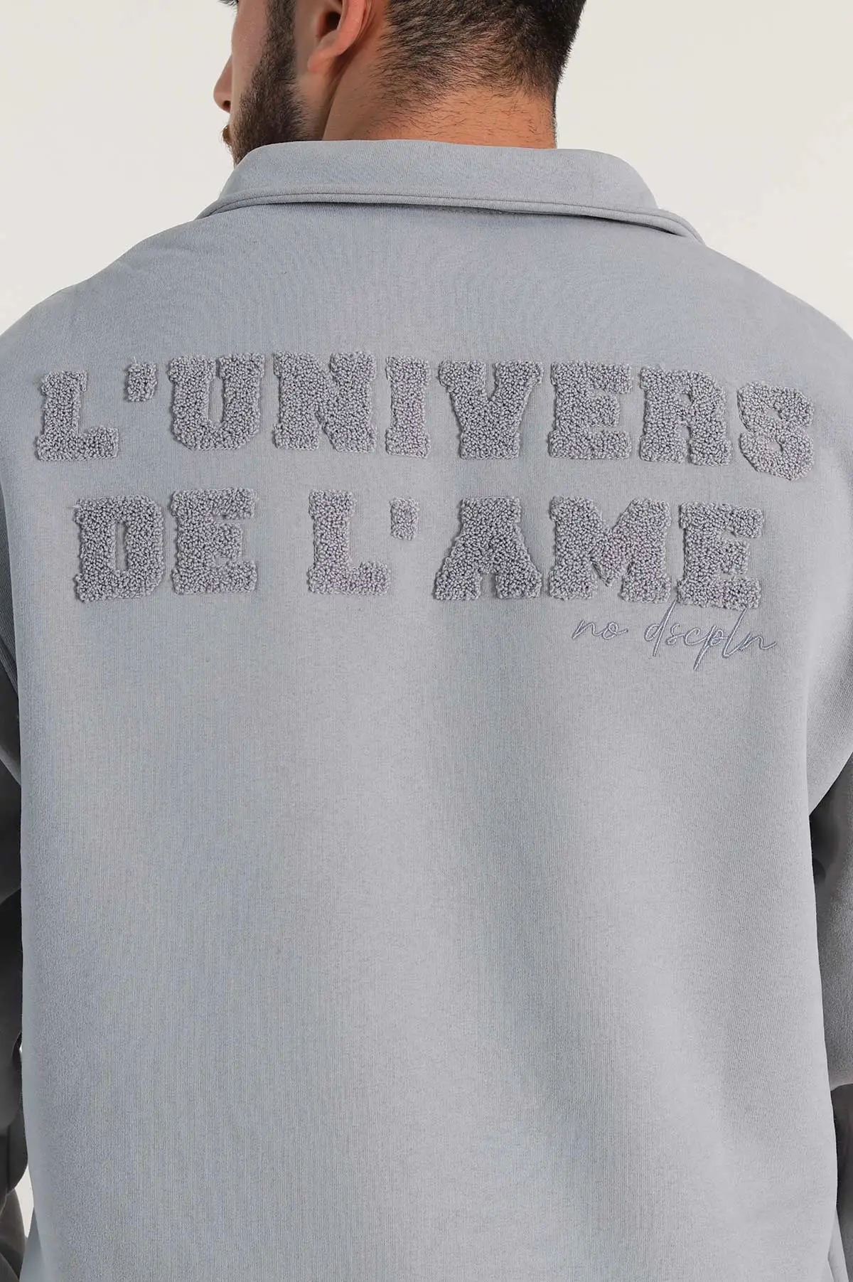 Gri Oversize Üç İp Şardonlu Nakış Yazı Detaylı Yarım Fermuar Erkek Sweatshirt 306939