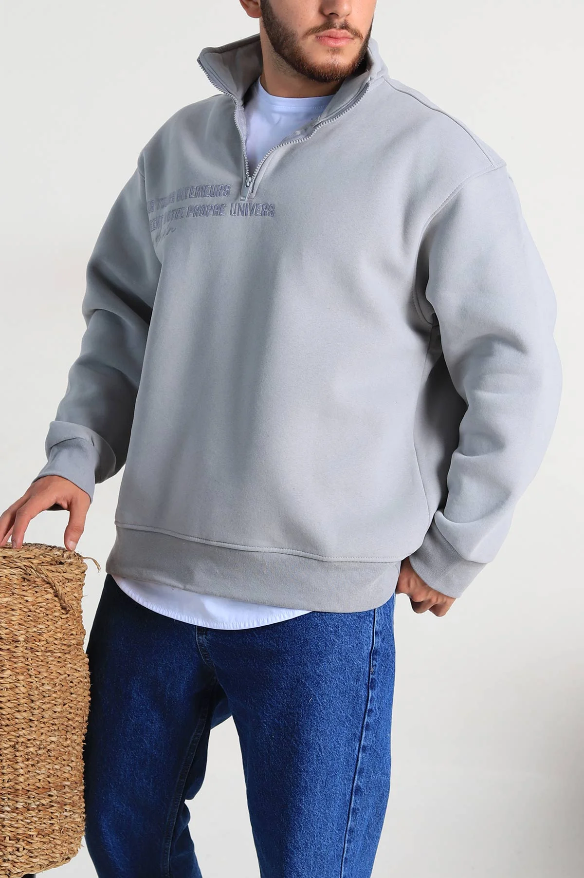 Gri Oversize Üç İp Şardonlu Nakış Yazı Detaylı Yarım Fermuar Erkek Sweatshirt 306939