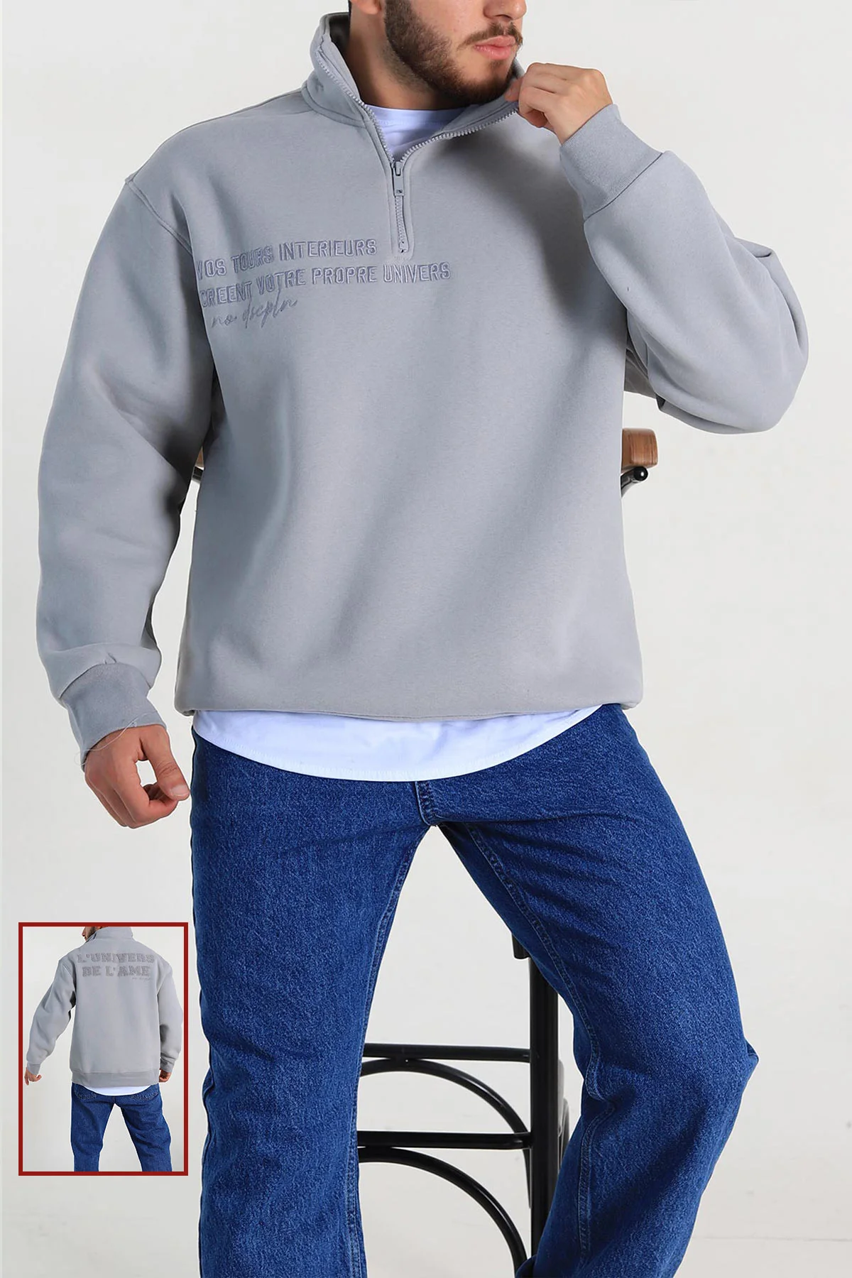 Gri Oversize Üç İp Şardonlu Nakış Yazı Detaylı Yarım Fermuar Erkek Sweatshirt 306939