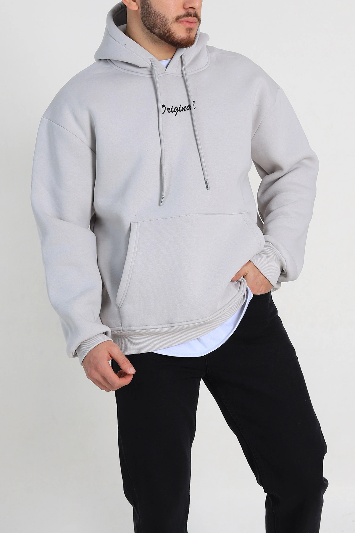 Gri Oversize Üç İp Şardonlu Yazı Detaylı Kapüşonlu Erkek Sweatshirt 310967