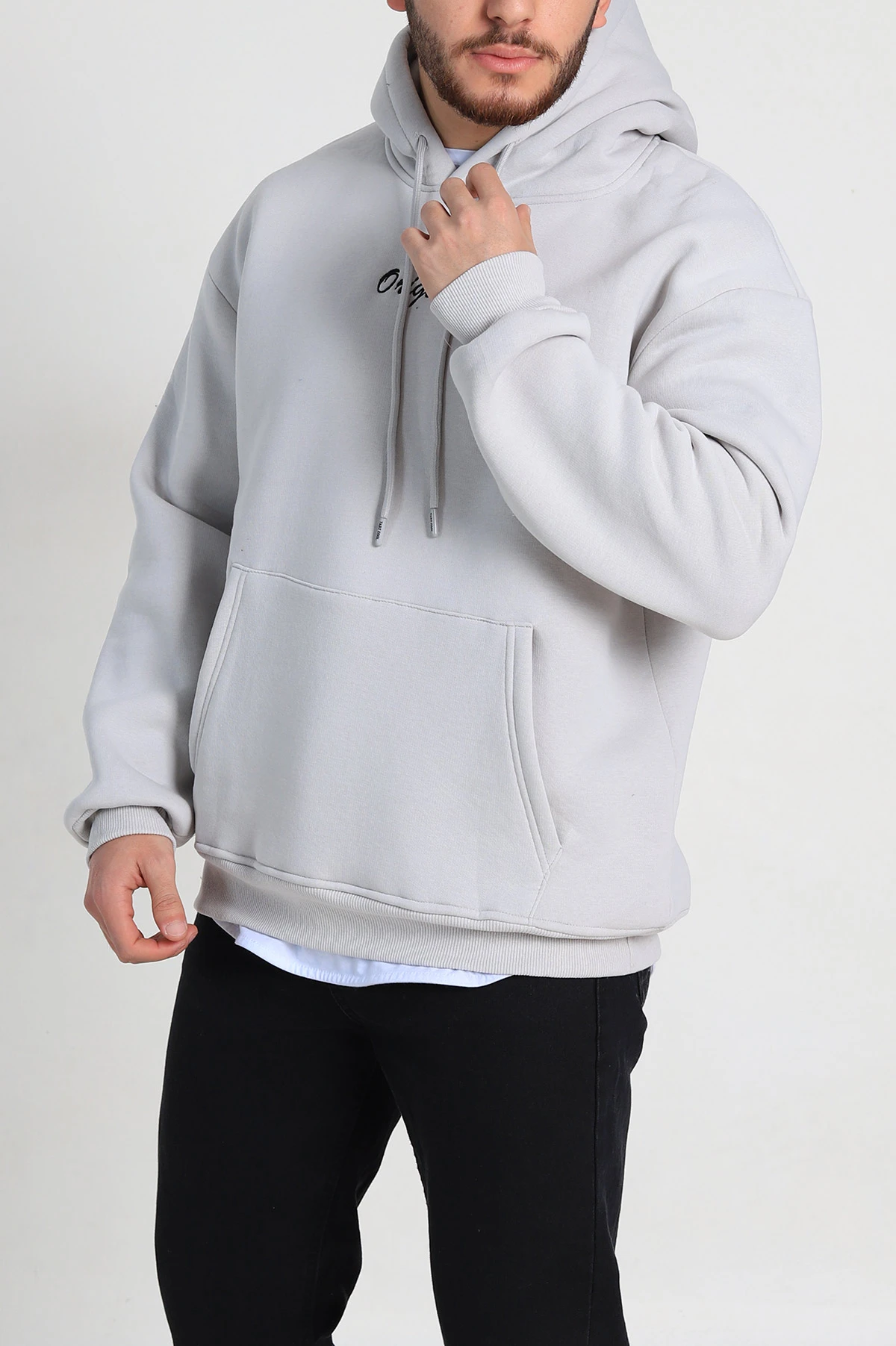 Gri Oversize Üç İp Şardonlu Yazı Detaylı Kapüşonlu Erkek Sweatshirt 310967