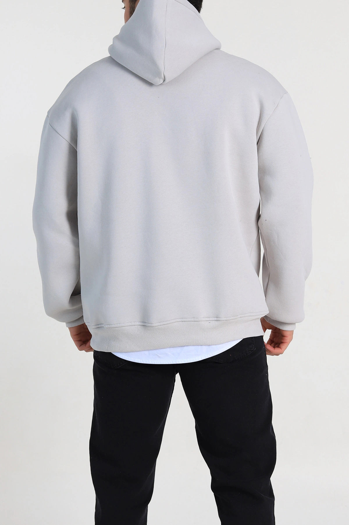 Gri Oversize Üç İp Şardonlu Yazı Detaylı Kapüşonlu Erkek Sweatshirt 310967