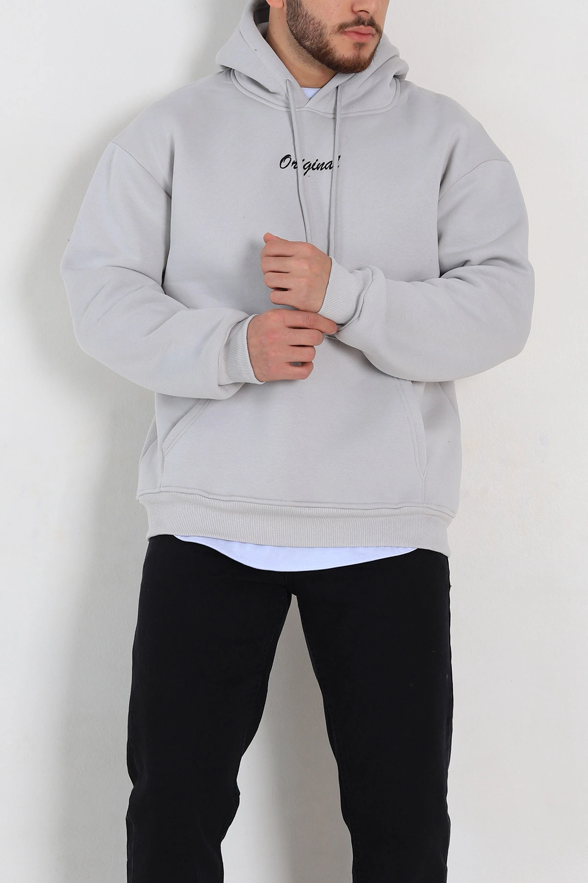 Gri Oversize Üç İp Şardonlu Yazı Detaylı Kapüşonlu Erkek Sweatshirt 310967