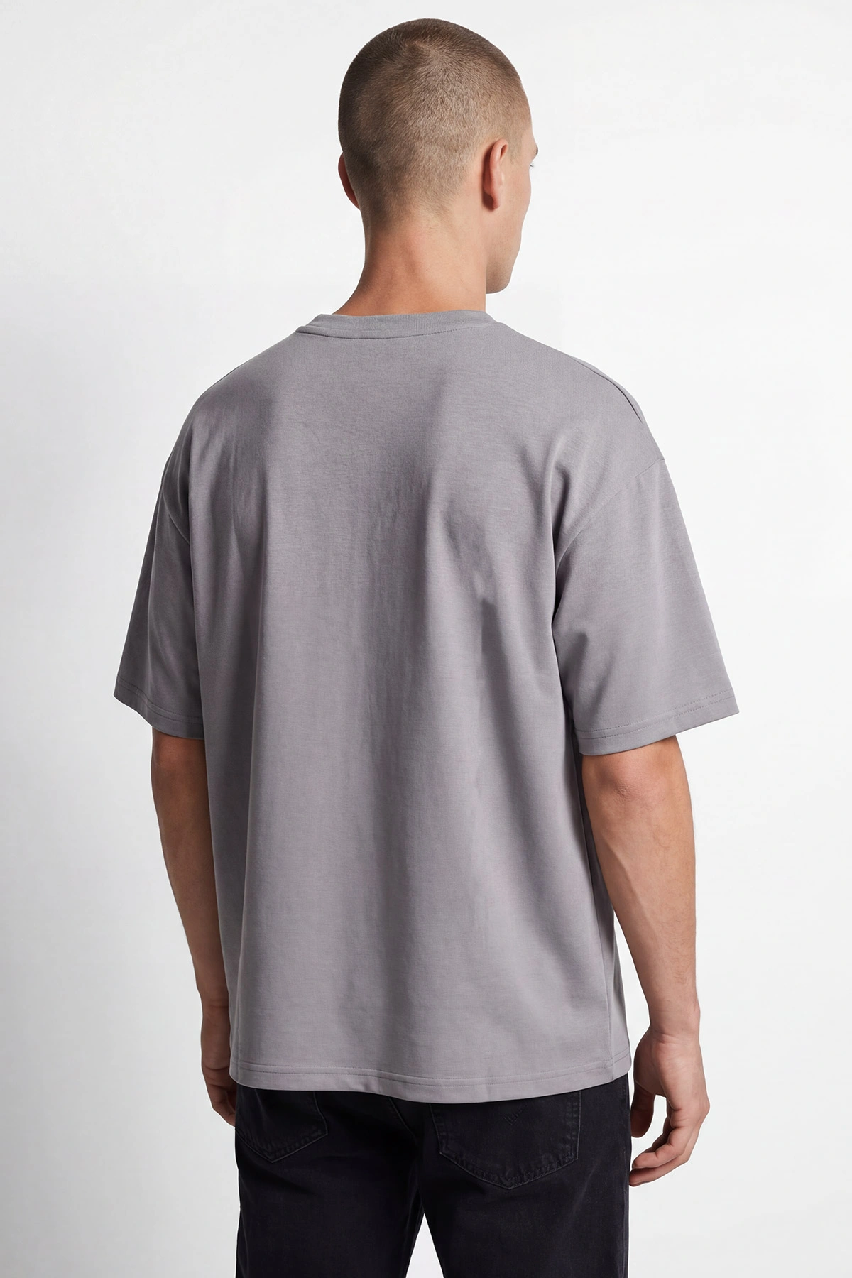 Gri Oysho Kumaş Oversize Bisiklet Yaka Erkek Tişört 438916