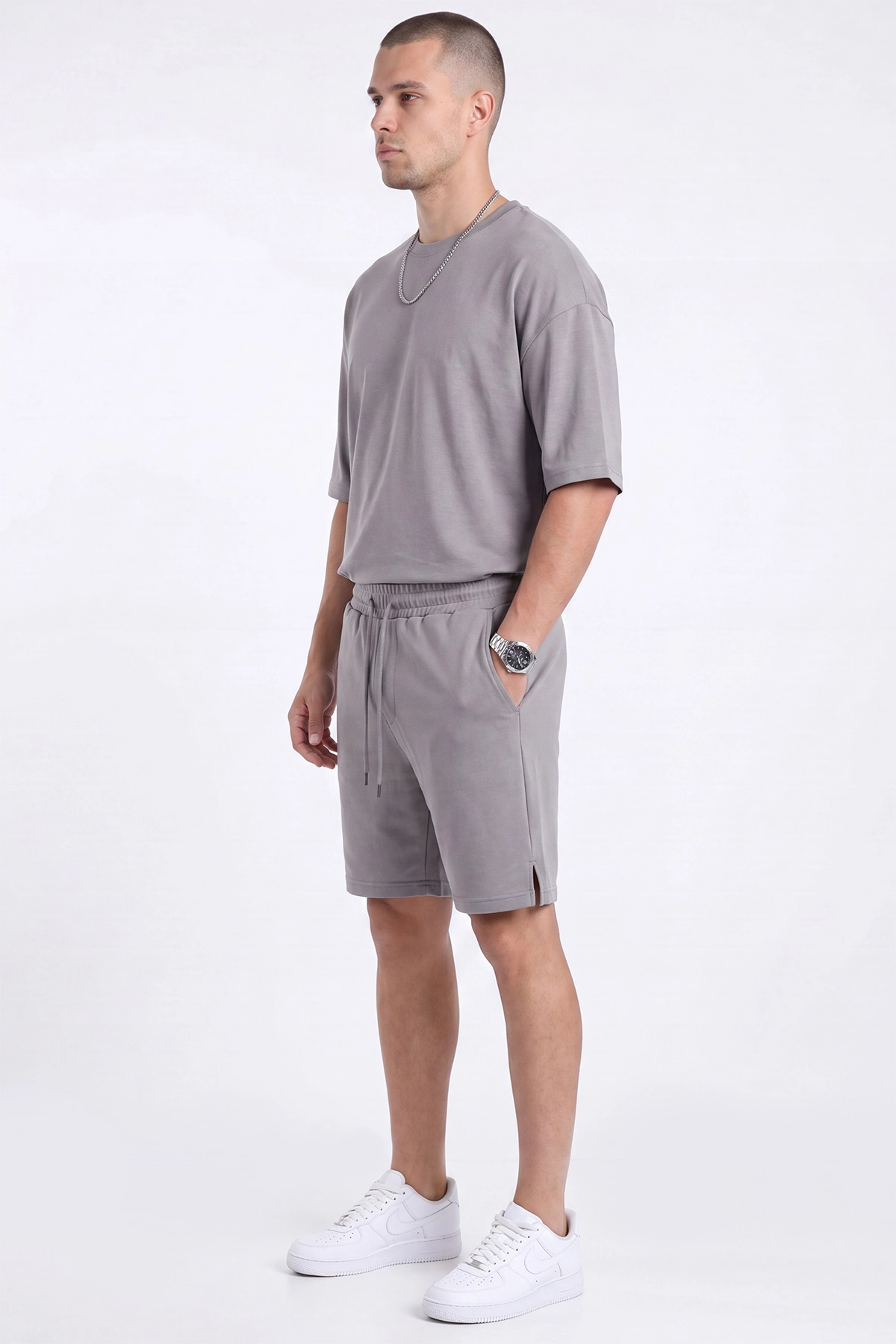 Gri Oysho Kumaş Oversize Erkek Şortlu Takım 471012