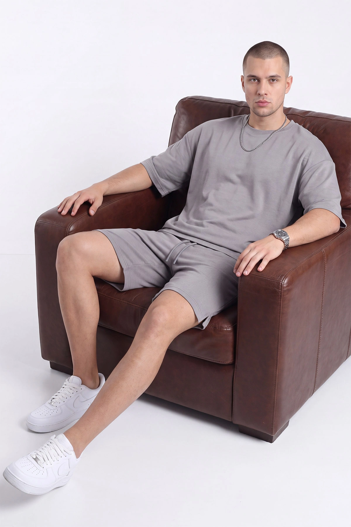 Gri Oysho Kumaş Oversize Erkek Şortlu Takım 471012