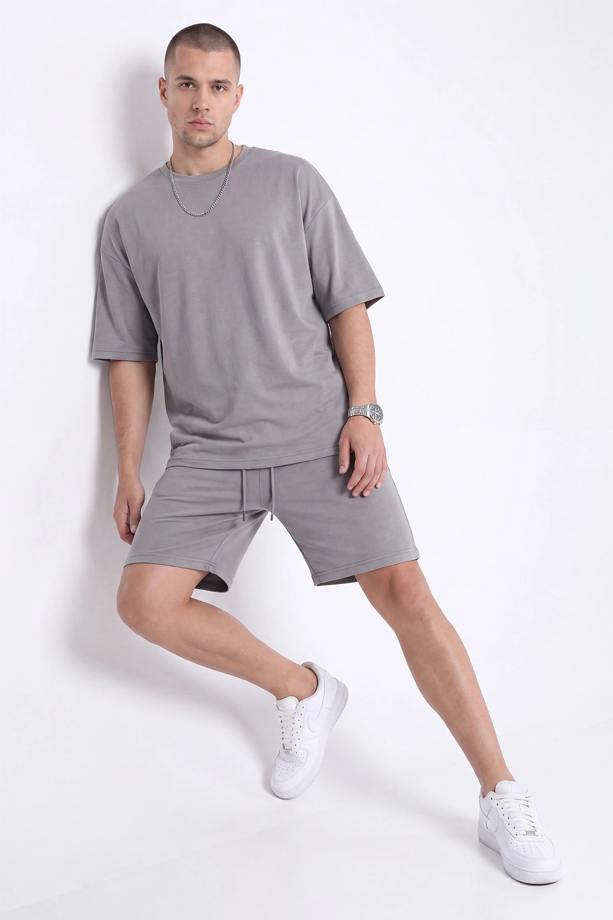 Gri Oysho Kumaş Oversize Erkek Şortlu Takım 471012