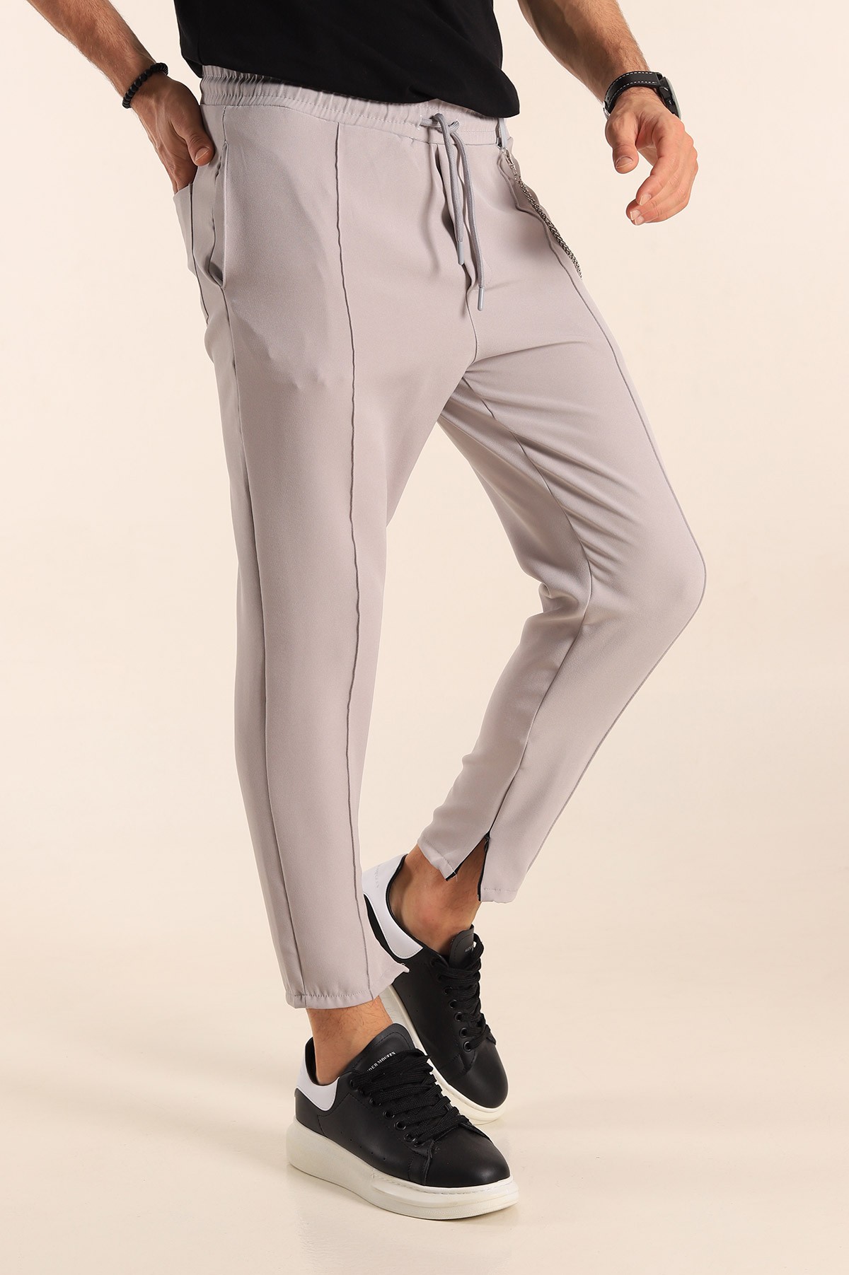 Gri Paça Fermuarlı Zincirli Erkek Jogger Pantolon 187803