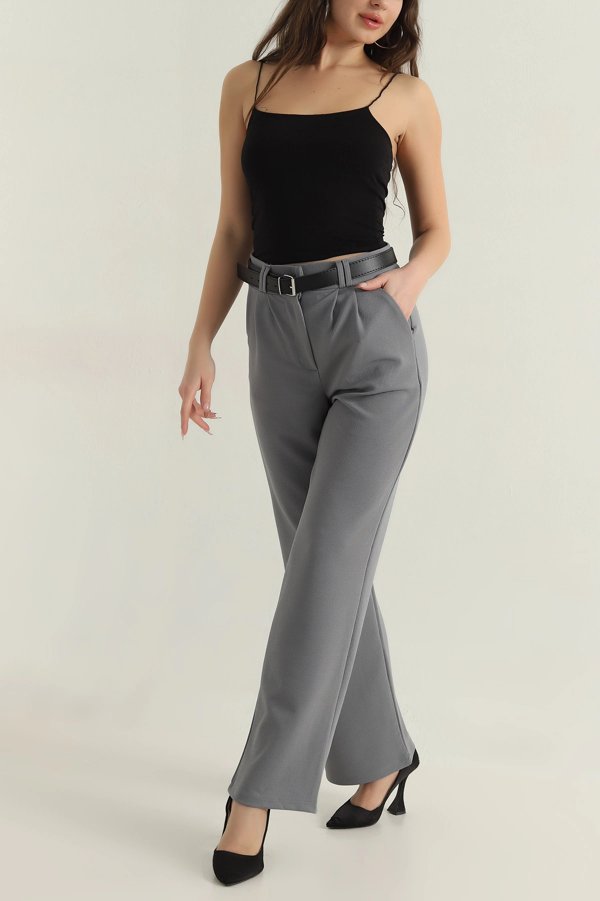 Gri Palazzo Krep Kemerli Kadın Pantolon 415543