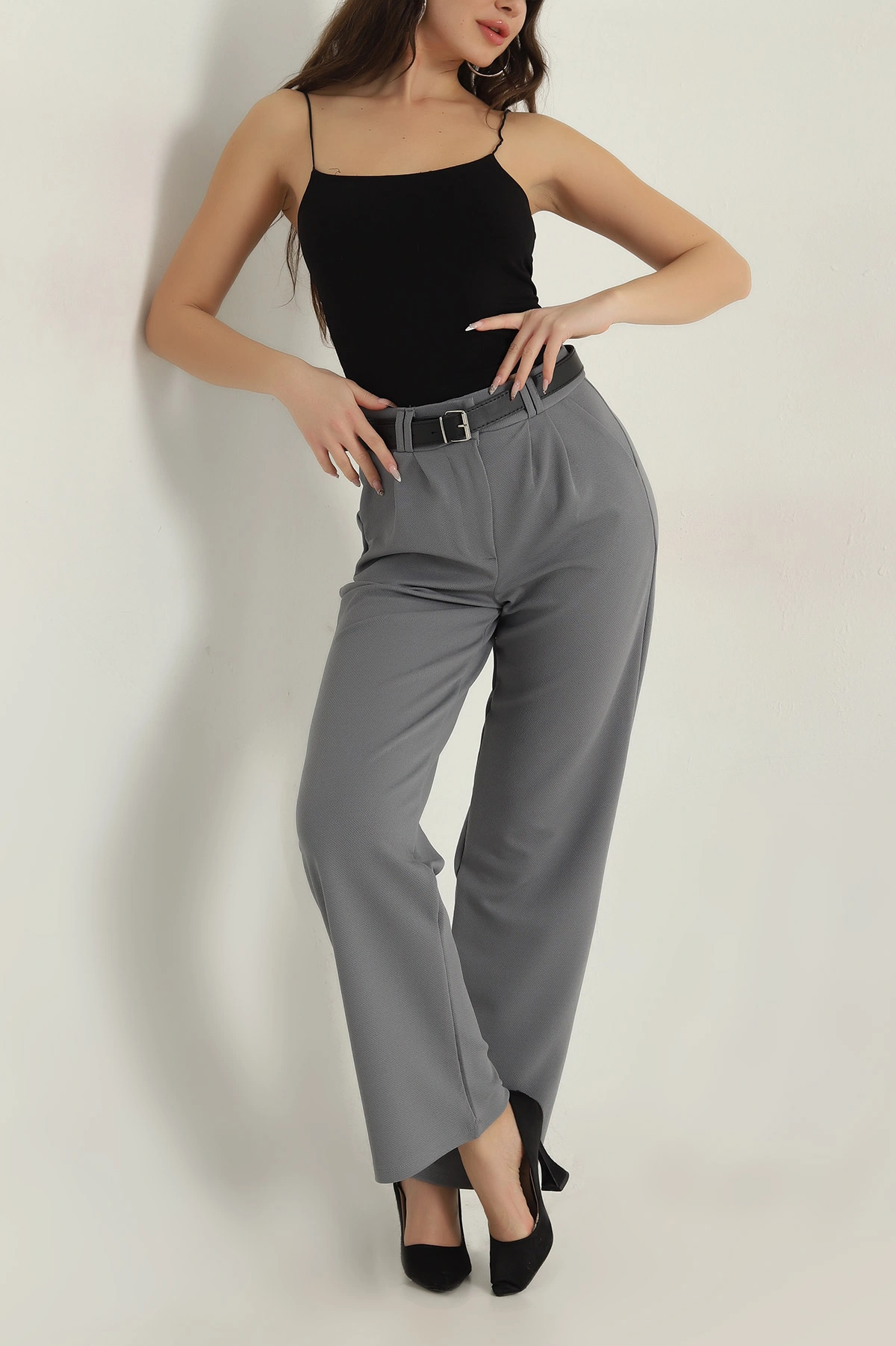 Gri Palazzo Krep Kemerli Kadın Pantolon 415543
