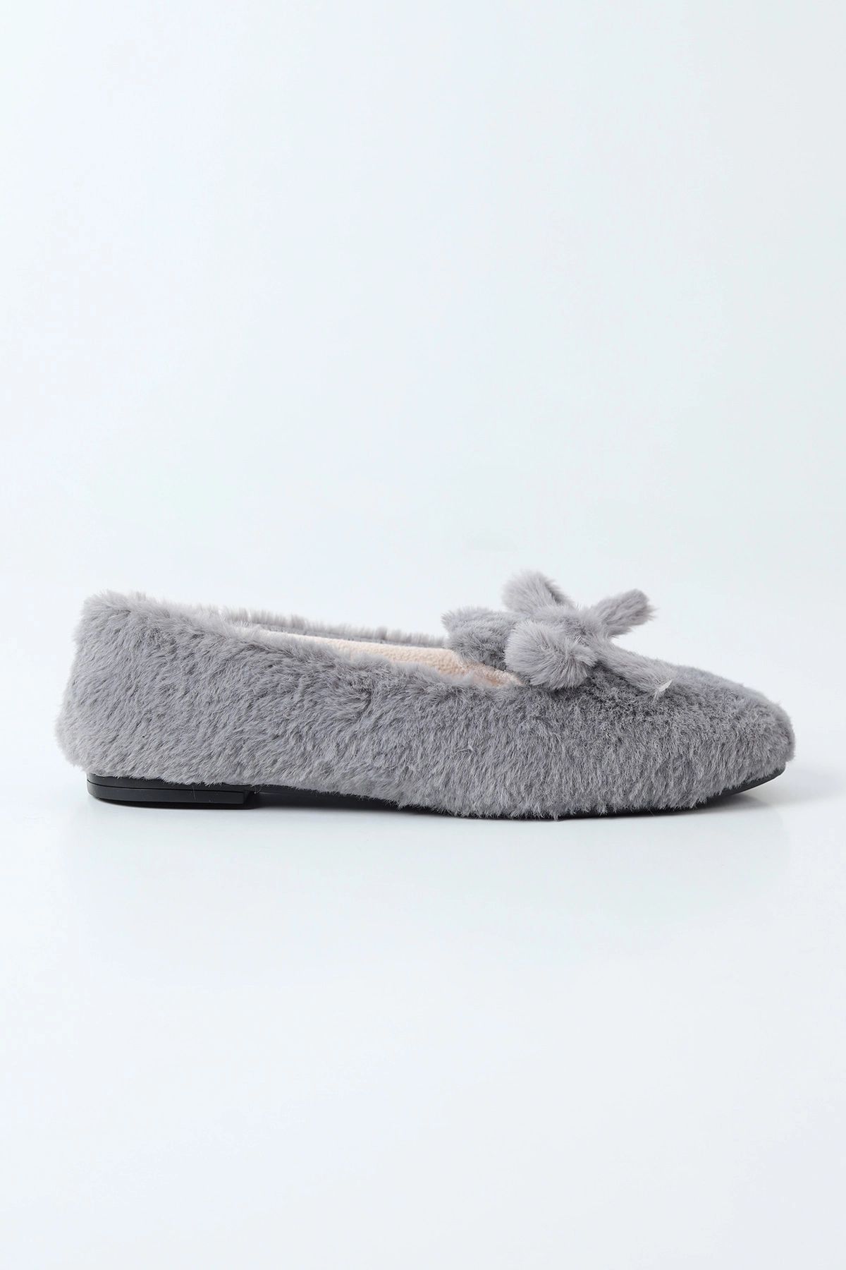 Gri Peluş Fiyonk Detaylı Kadın Ev Babeti 491432