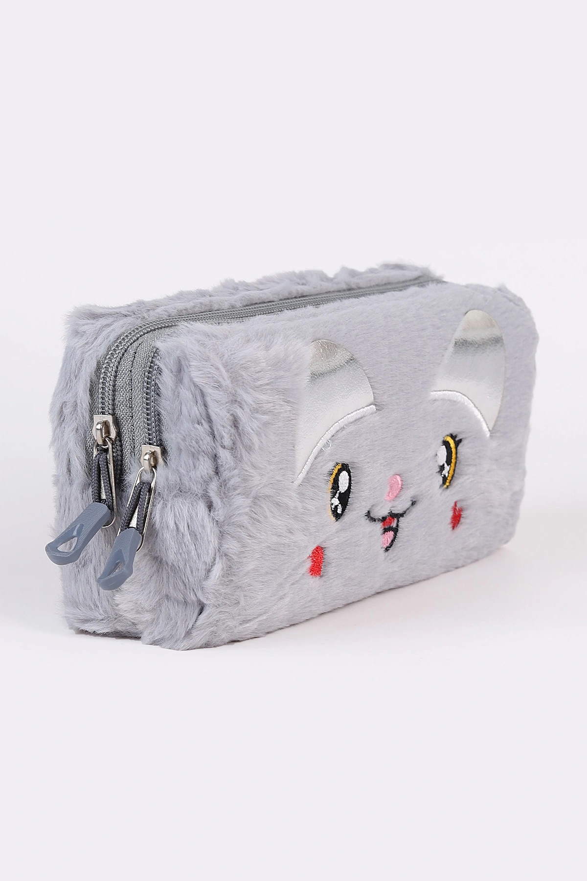 Gri Peluş İki Gözlü Nakışlı Kalem Kutu 486462