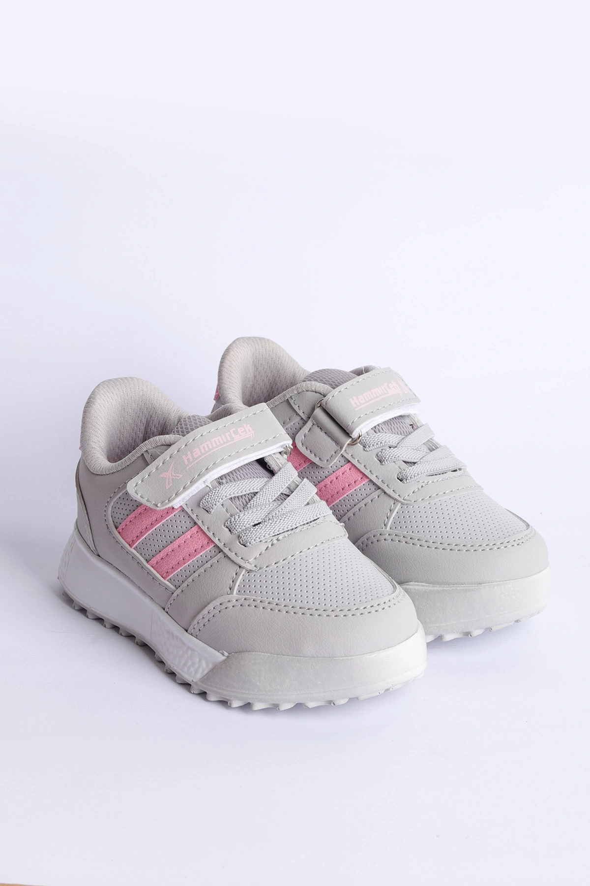Gri Pembe  (31-35 Filet) Yan  Şeritli Cırtlı Kalın Taban Kız Çocuk Spor Ayakkabı 309105
