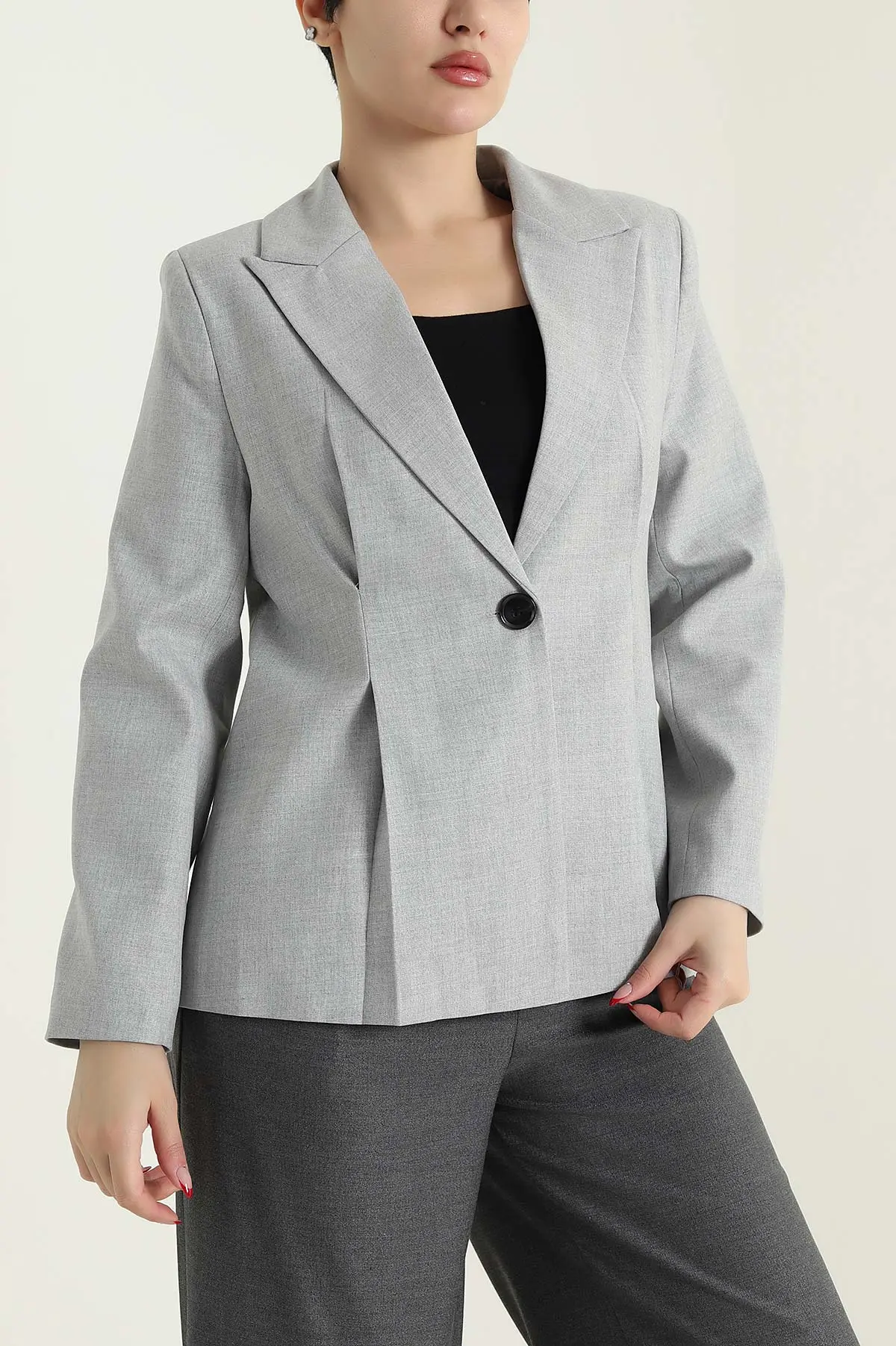 Gri Pileli Bezayağı Blazer Kadın Ceket 431012