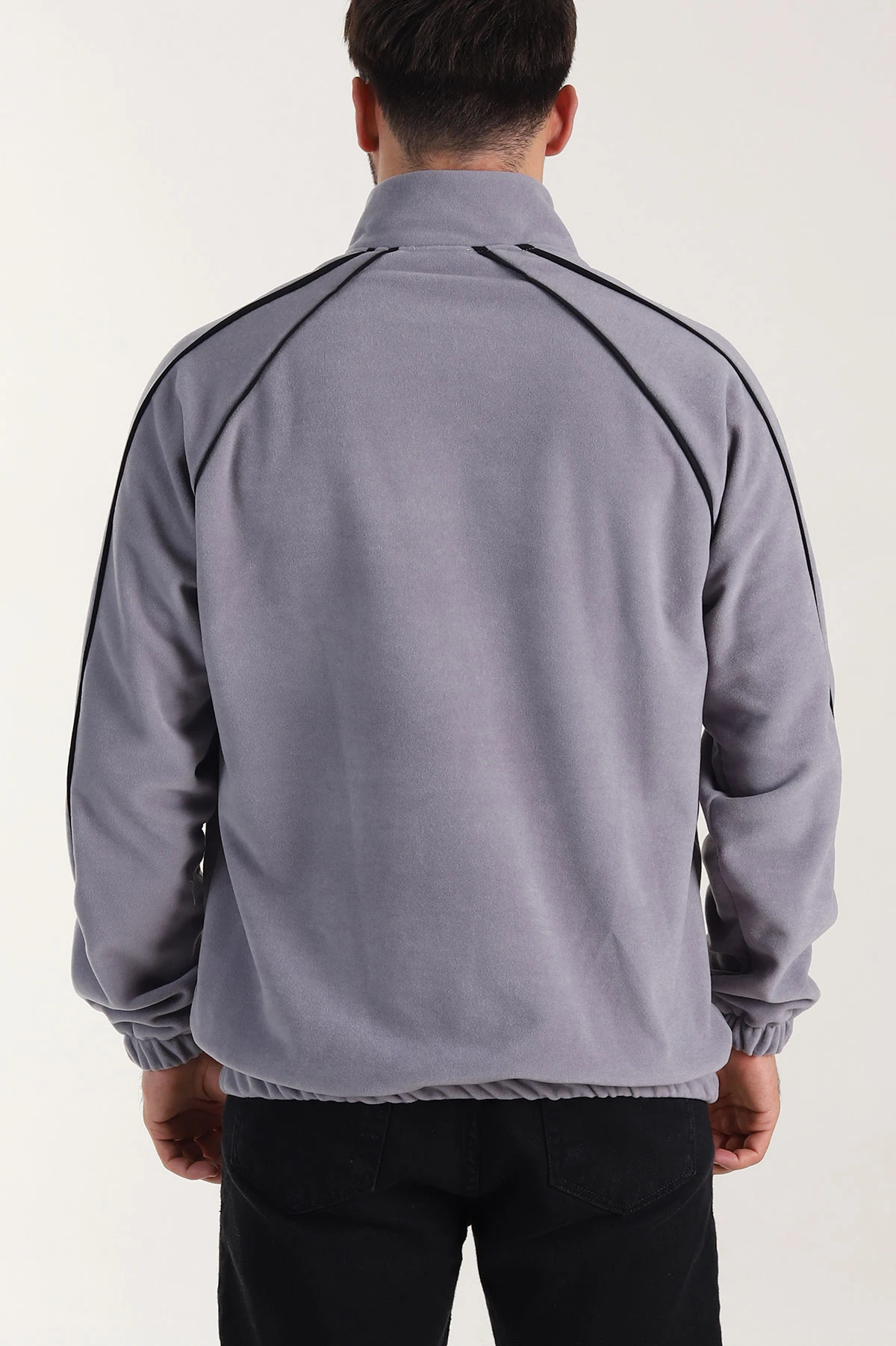 Gri Polar Kumaş Yarım Fermuarlı Yazı Detaylı Erkek Sweatshirt 408552