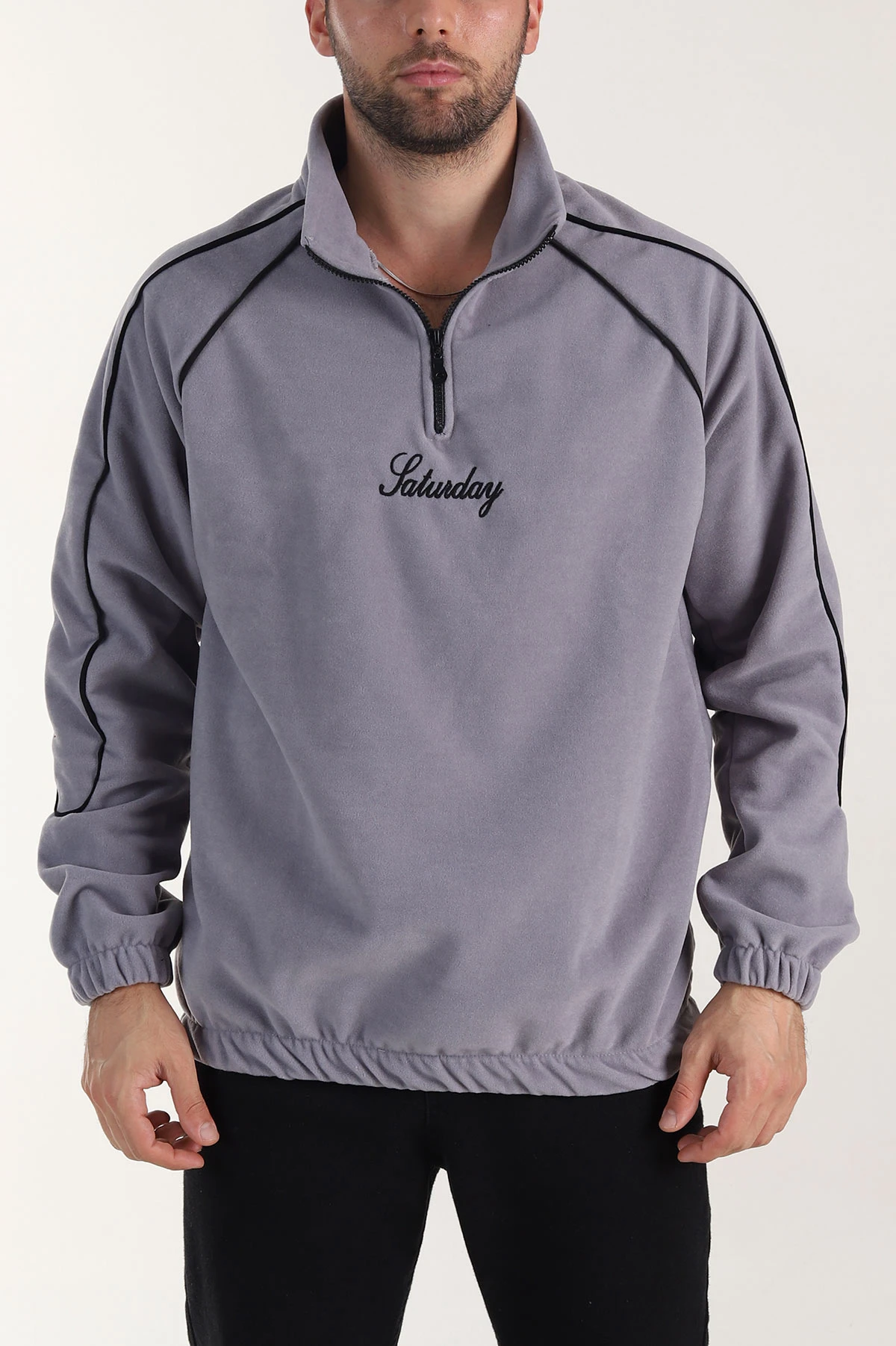 Gri Polar Kumaş Yarım Fermuarlı Yazı Detaylı Erkek Sweatshirt 408552
