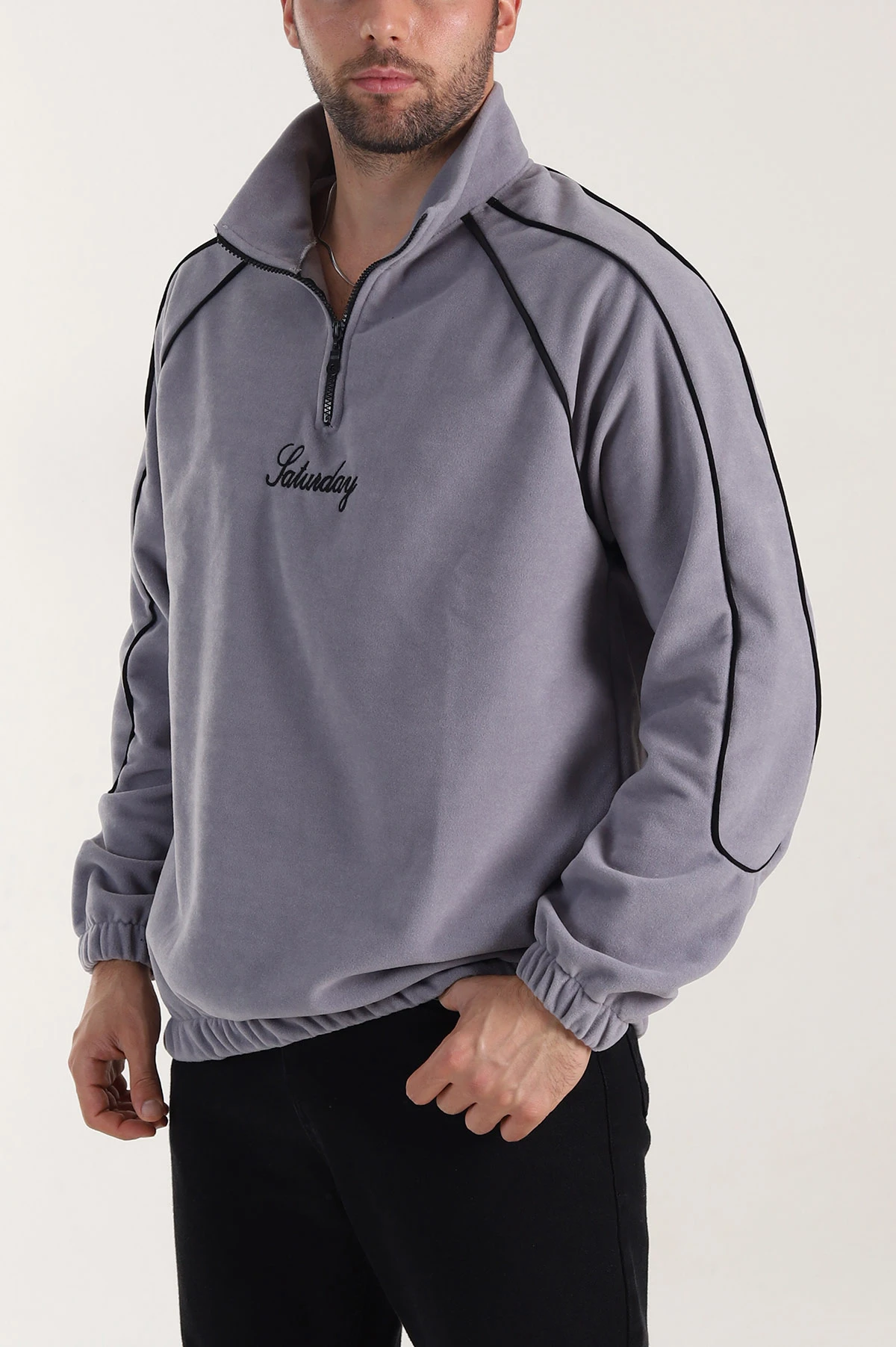 Gri Polar Kumaş Yarım Fermuarlı Yazı Detaylı Erkek Sweatshirt 408552