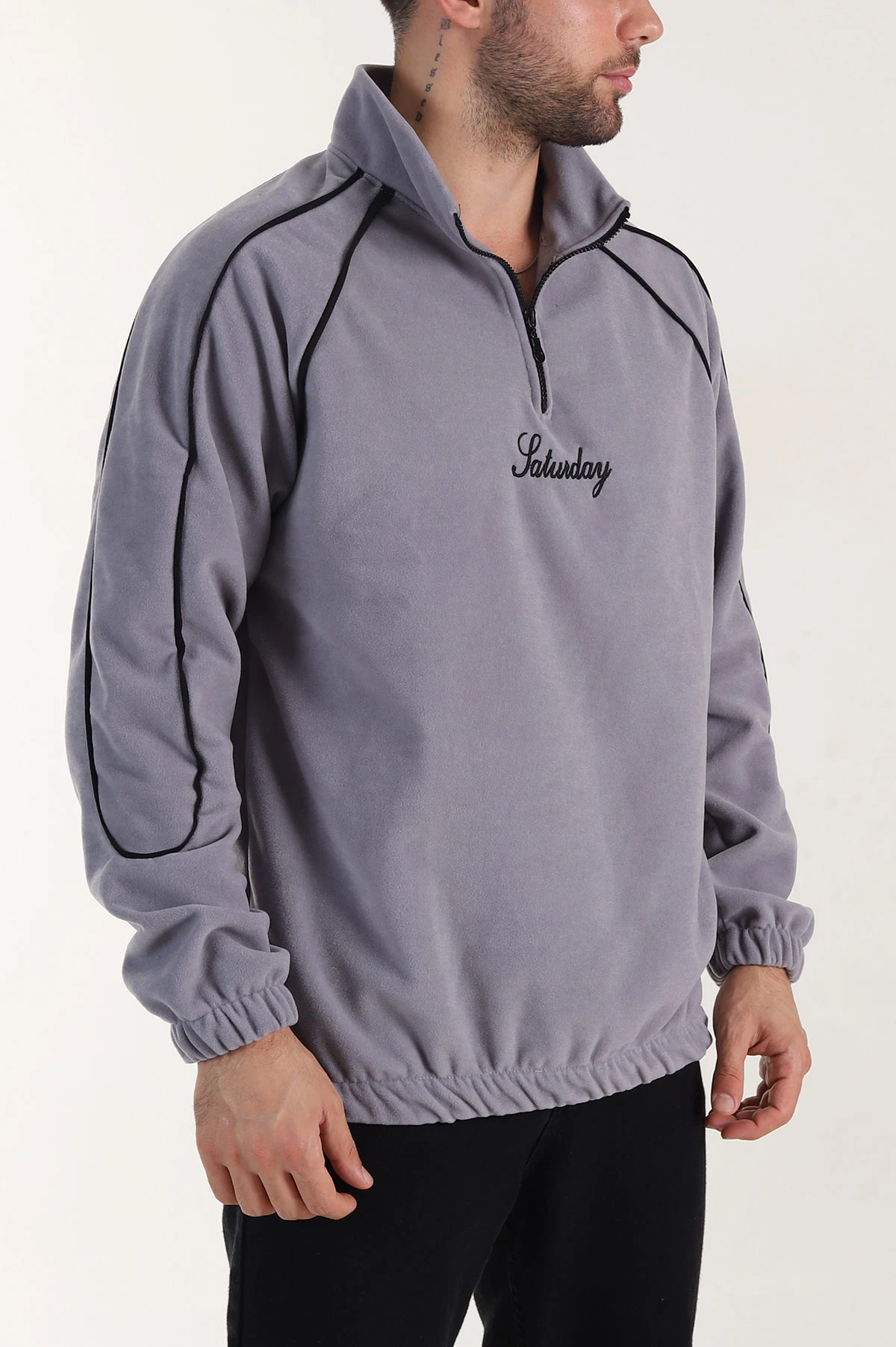 Gri Polar Kumaş Yarım Fermuarlı Yazı Detaylı Erkek Sweatshirt 408552