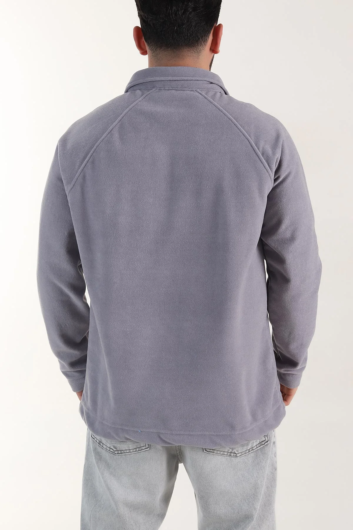 Gri Polo Yaka Düğmeli Uzun Kollu Polar Kumaş Erkek Sweatshirt 404283