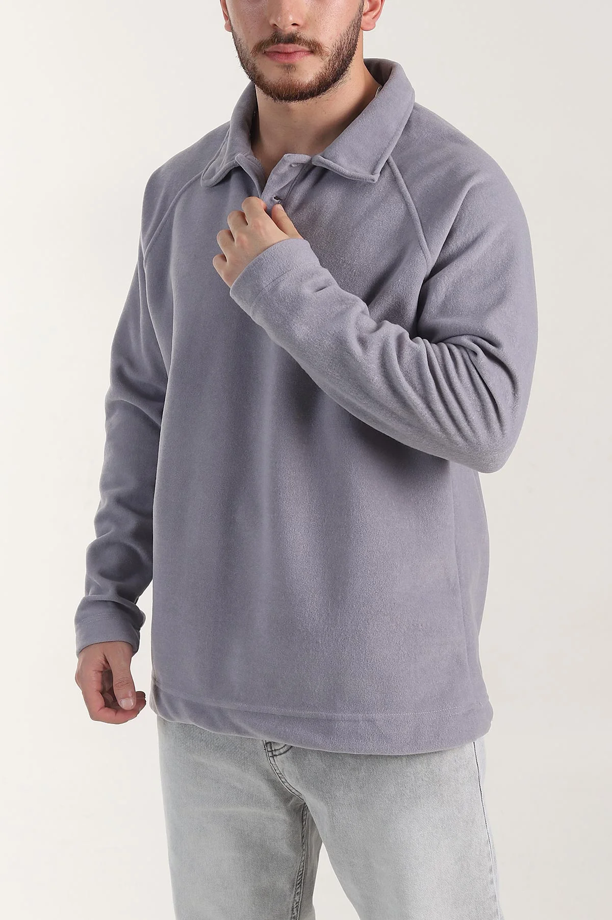 Gri Polo Yaka Düğmeli Uzun Kollu Polar Kumaş Erkek Sweatshirt 404283