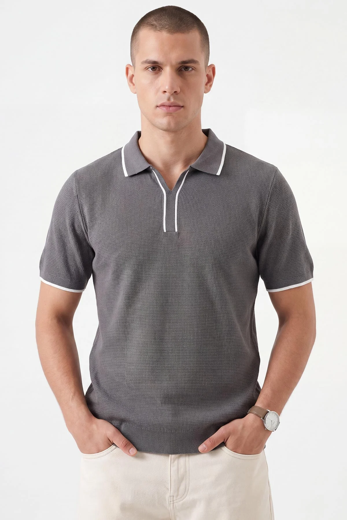 Gri Polo Yaka Erkek Triko Tişört 462207