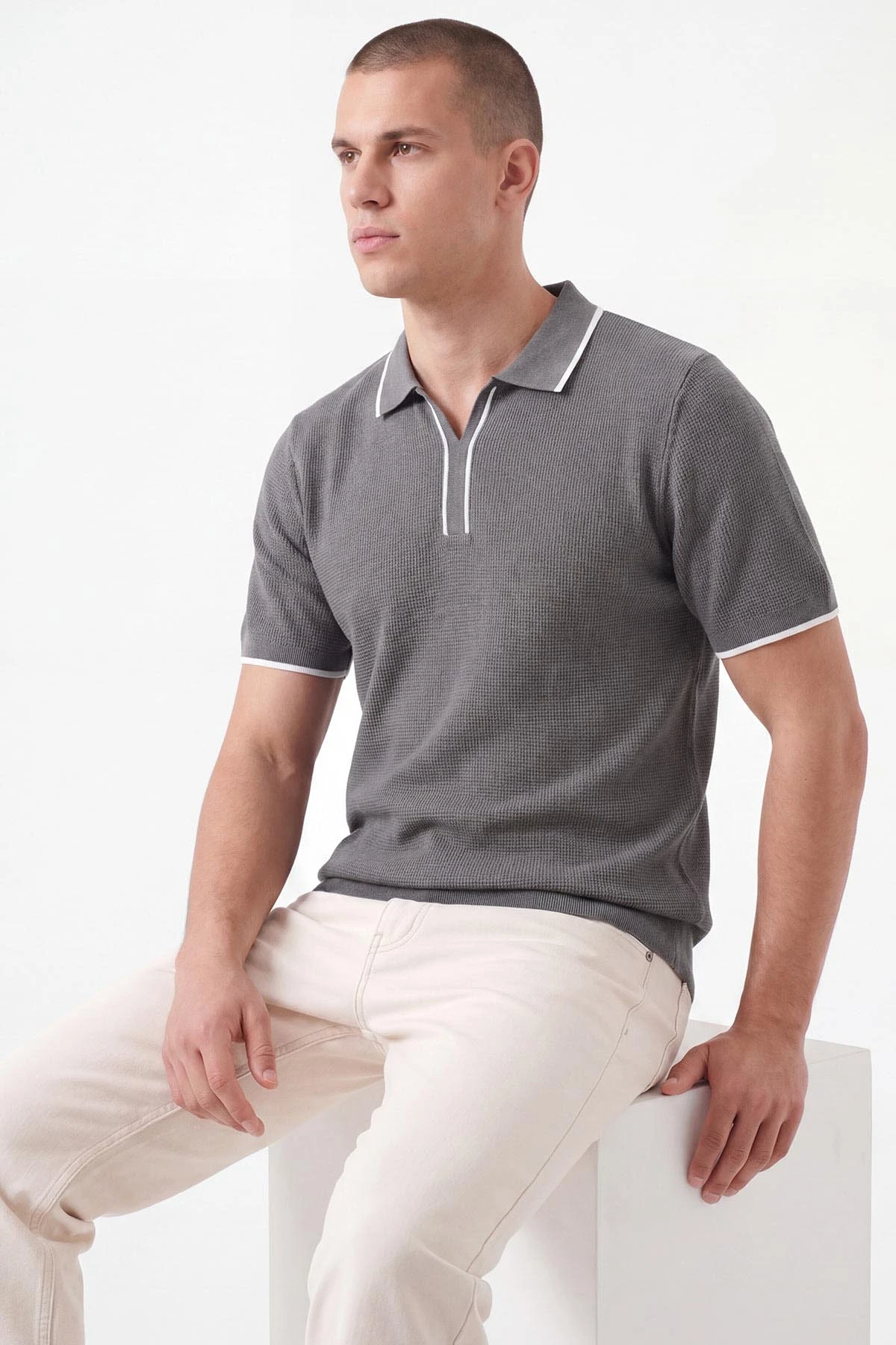 Gri Polo Yaka Erkek Triko Tişört 462207