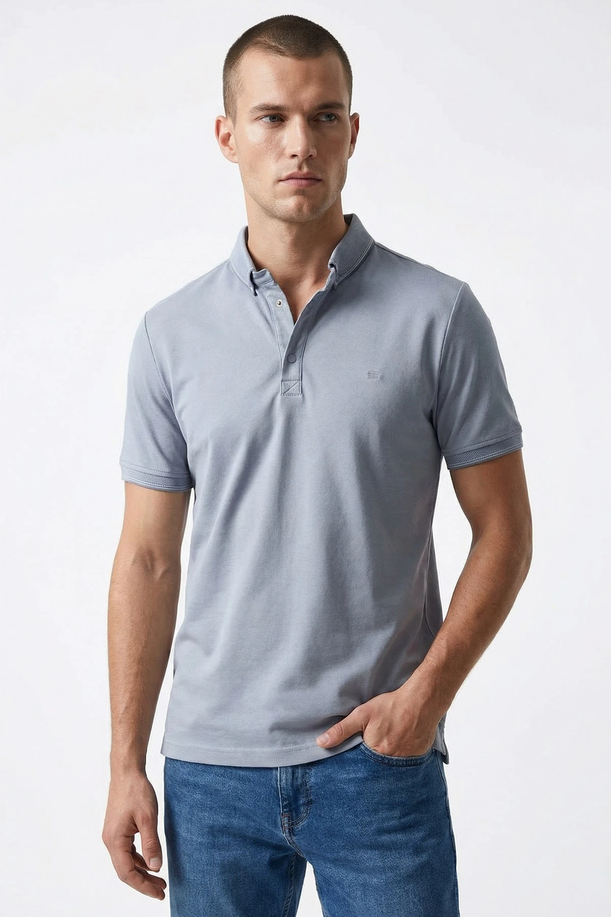 Gri Polo Yaka Likralı Erkek Tişört 433039
