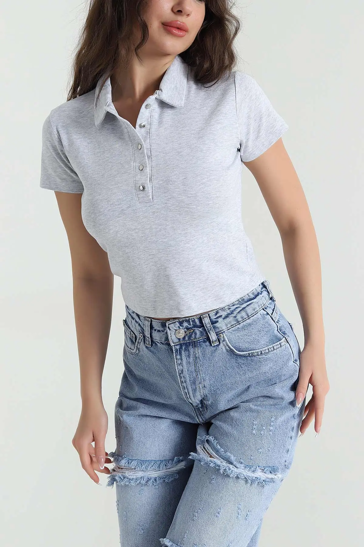 Gri Polo Yaka Ribana Kadın Bluz 461021