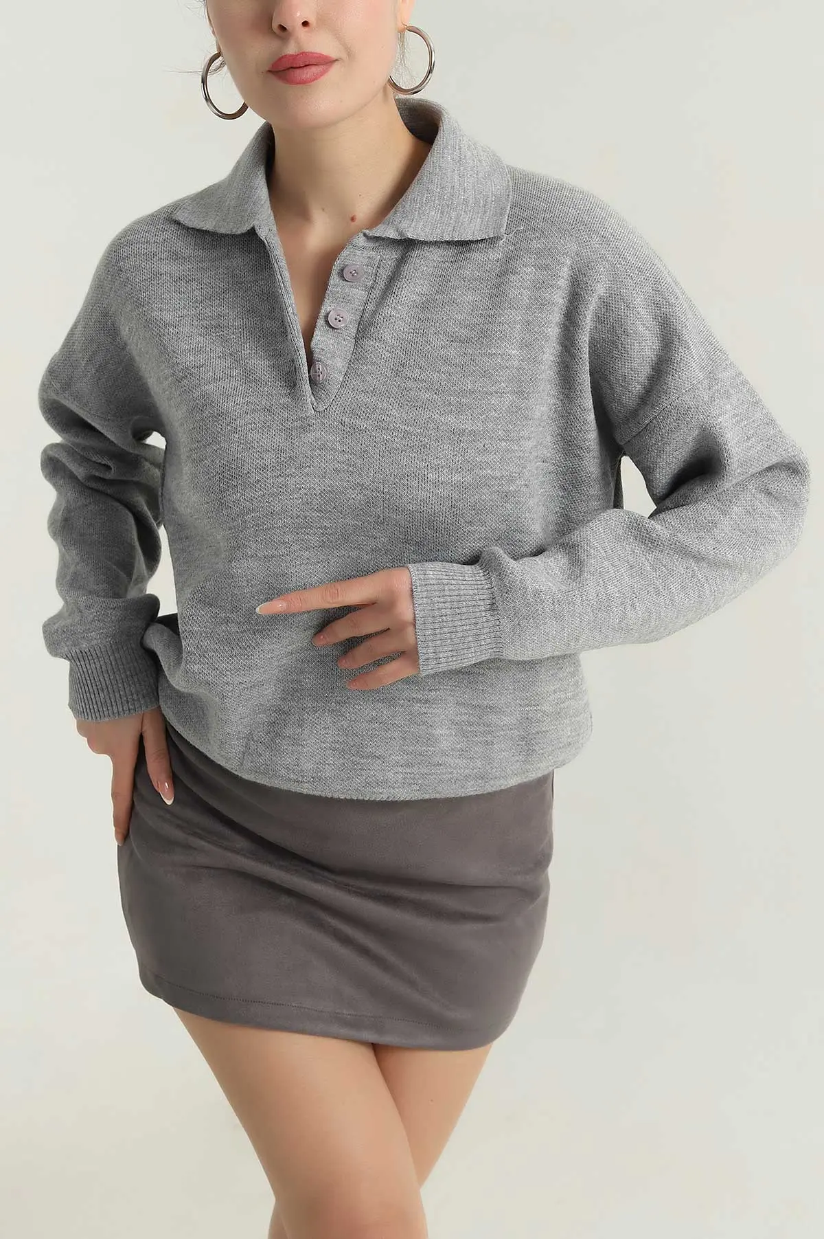 Gri Polo Yaka Triko Kadın Kazak 403823