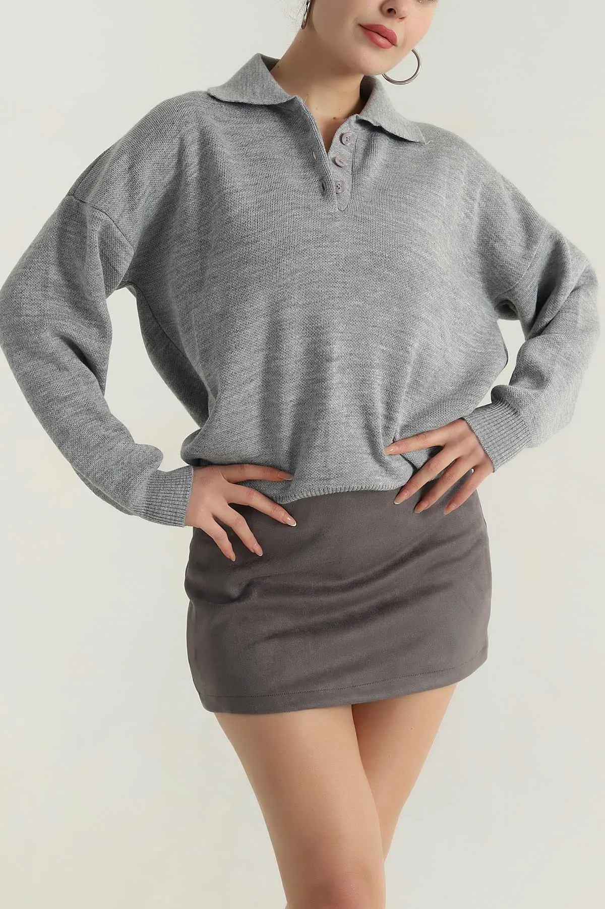 Gri Polo Yaka Triko Kadın Kazak 403823