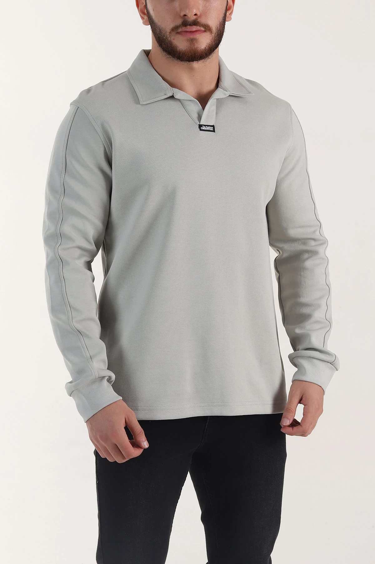 Gri Polo Yaka Uzun Kollu Erkek Sweatshirt 397139