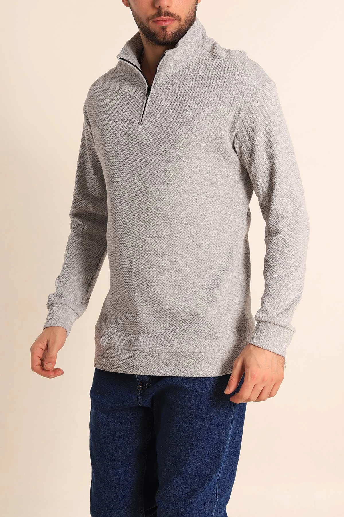 Gri Rahat Kalıp Örgü Dokulu Yarım Fermuar Sweatshirt 228824