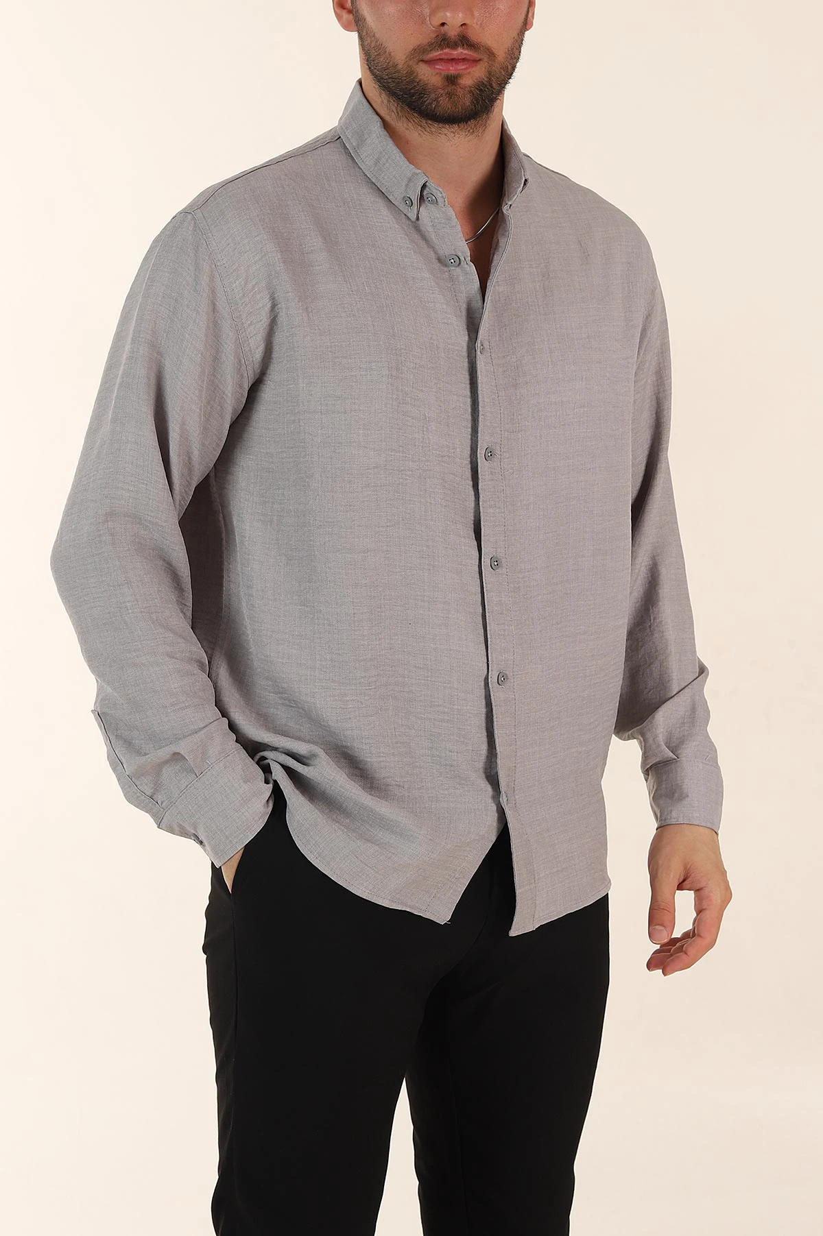 Gri Regular Fit Ata Yaka Uzun Kollu Erkek Gömlek 369876