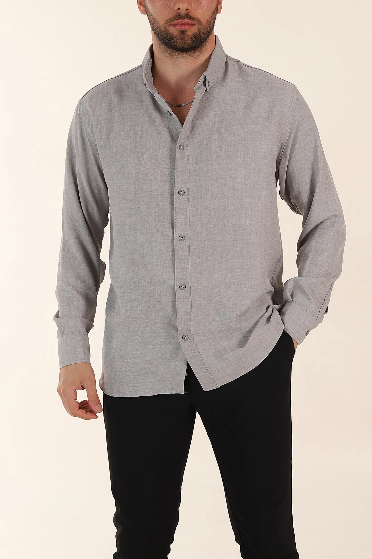 Gri Regular Fit Ata Yaka Uzun Kollu Erkek Gömlek 369876