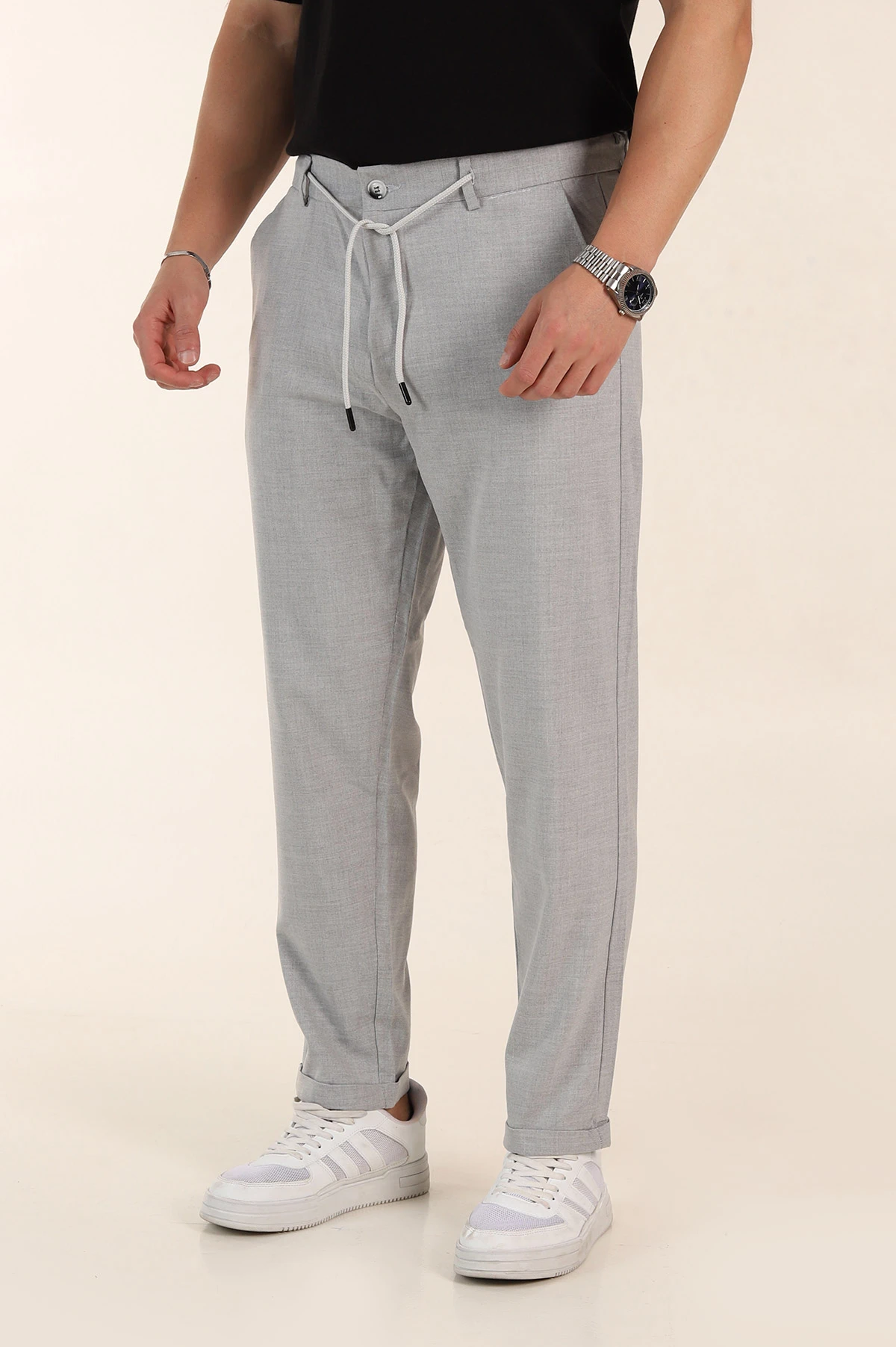 Gri Regular Fit Bel Arkası Lastikli Duble Paça  Erkek Kumaş Pantolon 366303