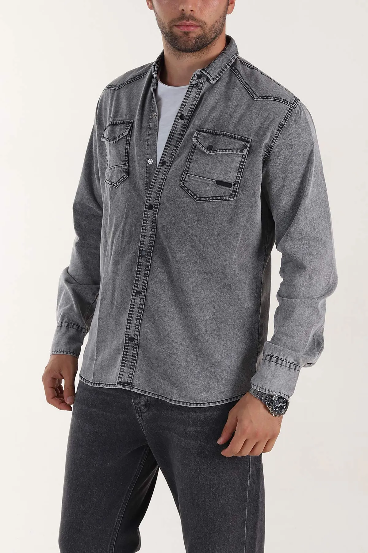 Gri Regular Fit Çift Cep Detaylı Yıkamalı Erkek Kot Gömlek 397964