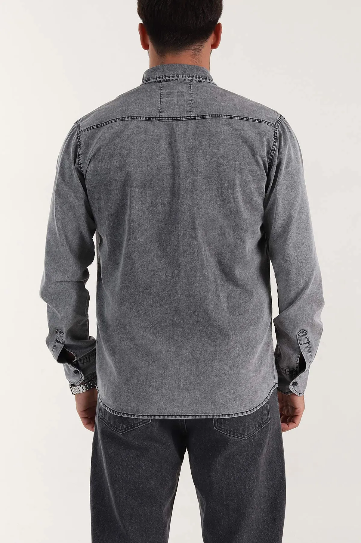 Gri Regular Fit Çift Cep Detaylı Yıkamalı Erkek Kot Gömlek 397964