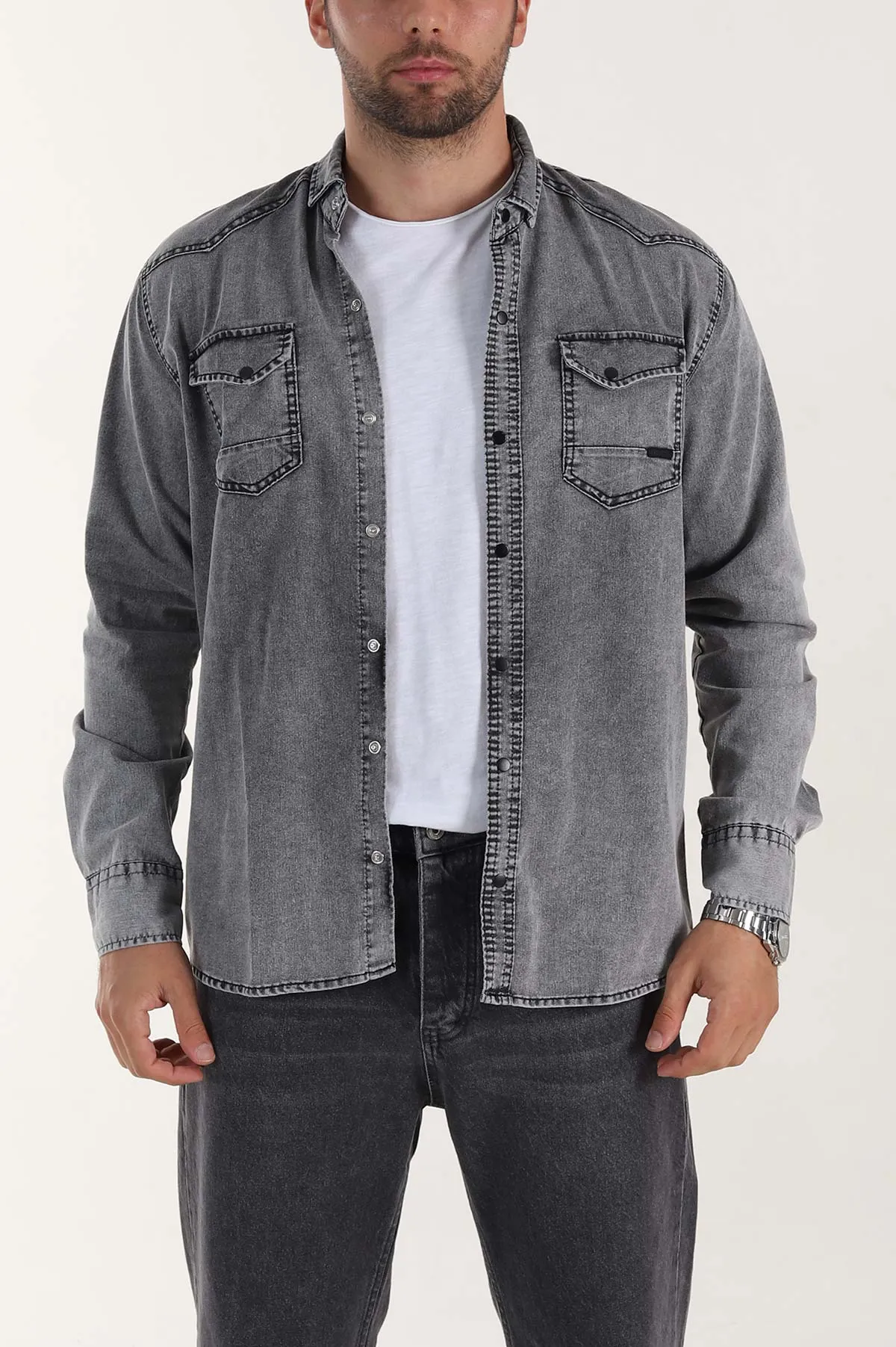 Gri Regular Fit Çift Cep Detaylı Yıkamalı Erkek Kot Gömlek 397964