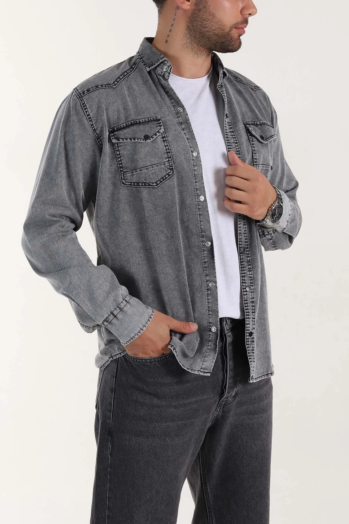 Gri Regular Fit Çift Cep Detaylı Yıkamalı Erkek Kot Gömlek 397964