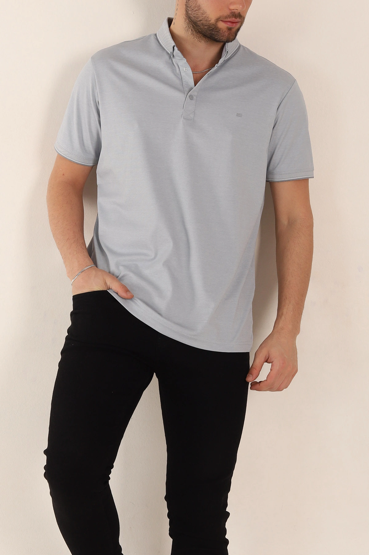 Gri Regular Fit Çıt Çıt Düğmeli Polo Yaka Erkek Tişört 338443
