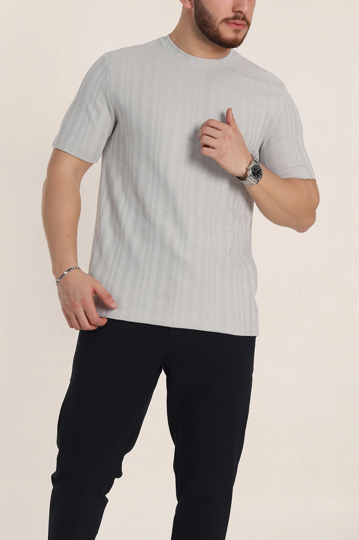 Gri Regular Fit Çizgi Dokulu Basic Erkek Tişört 348083