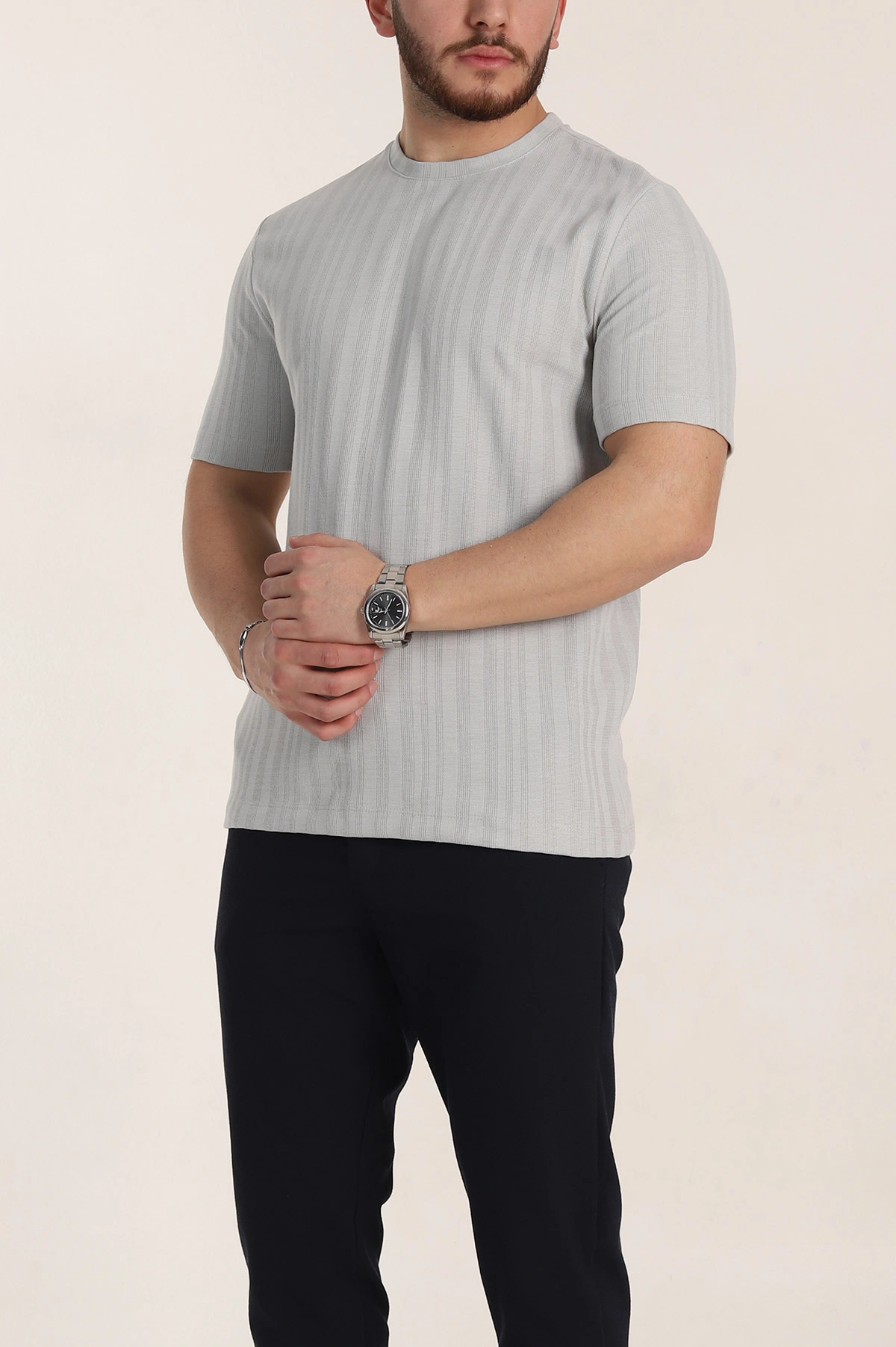 Gri Regular Fit Çizgi Dokulu Basic Erkek Tişört 348083