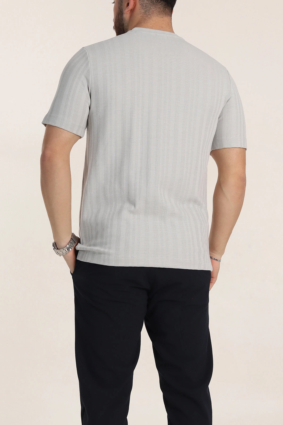 Gri Regular Fit Çizgi Dokulu Basic Erkek Tişört 348083