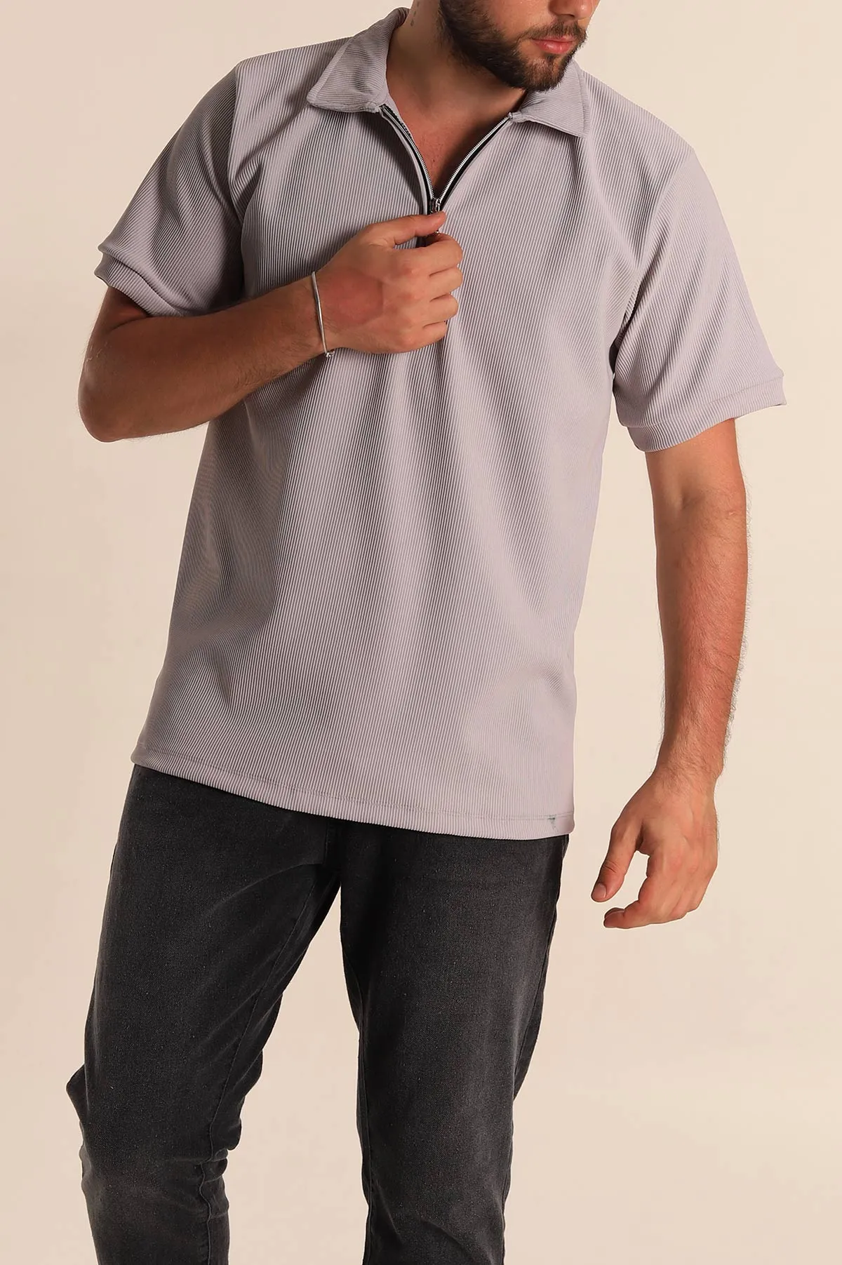 Gri Regular Fit Çizgi Dokulu Fermuarlı Polo Yaka Erkek Tişört 277168