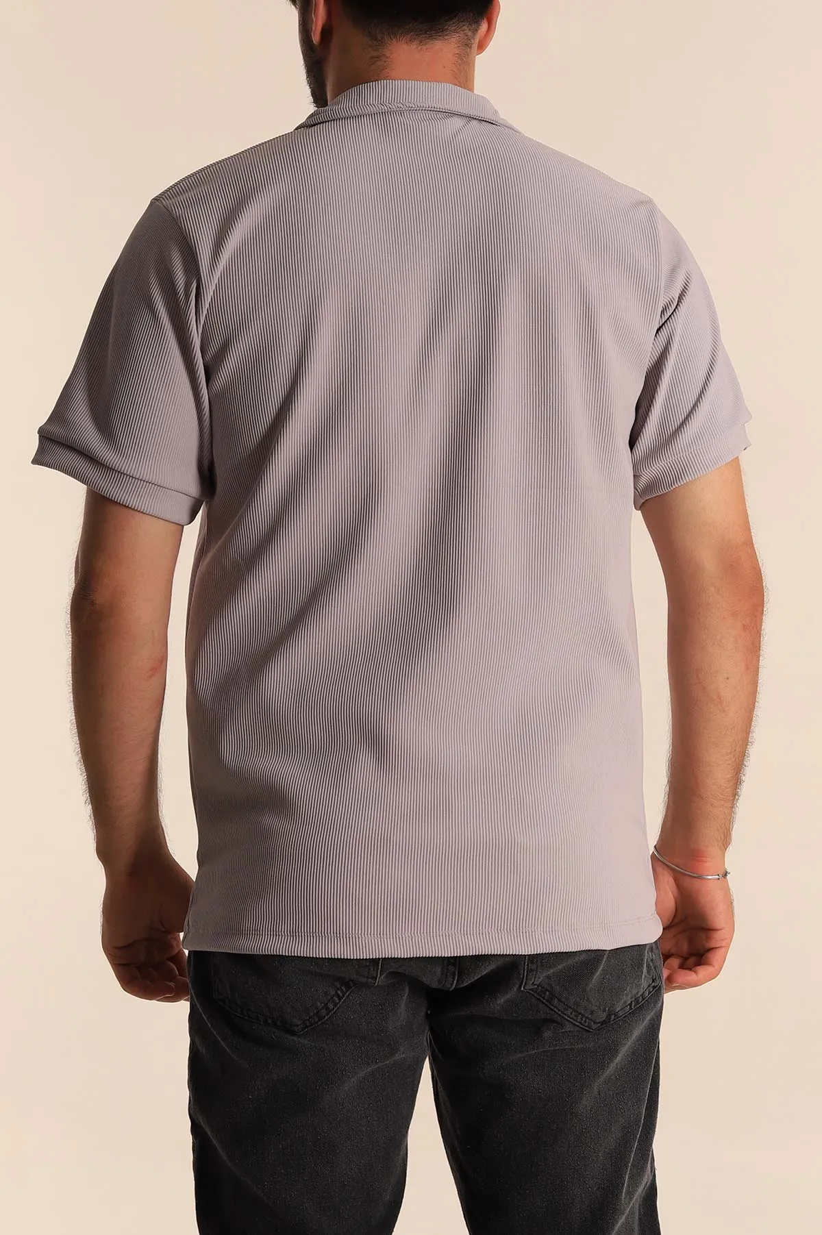 Gri Regular Fit Çizgi Dokulu Fermuarlı Polo Yaka Erkek Tişört 277168