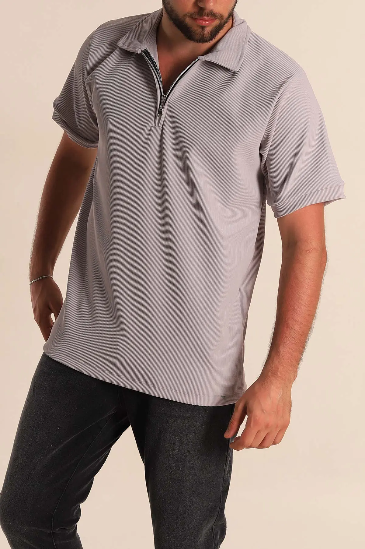 Gri Regular Fit Çizgi Dokulu Fermuarlı Polo Yaka Erkek Tişört 277168
