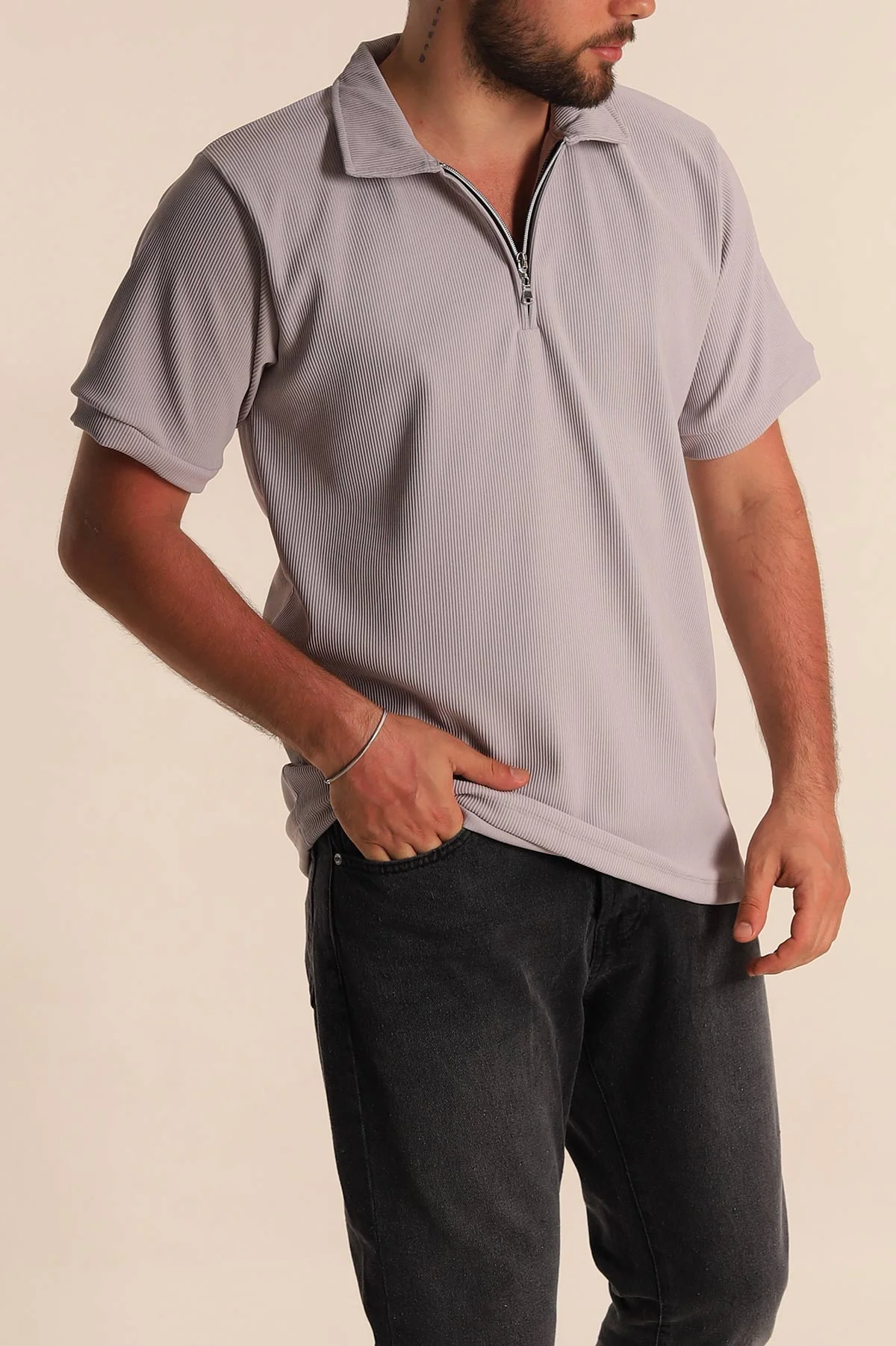 Gri Regular Fit Çizgi Dokulu Fermuarlı Polo Yaka Erkek Tişört 277168