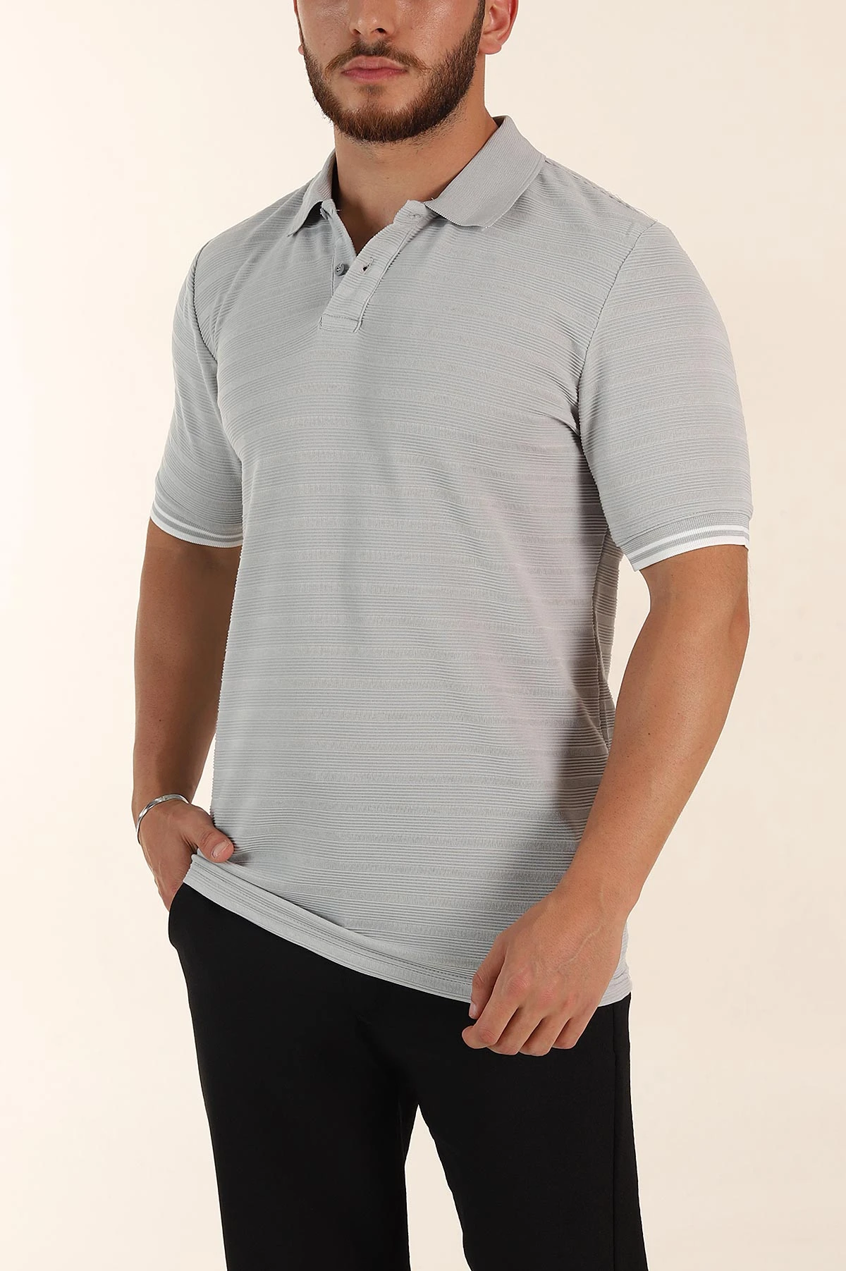 Gri Regular Fit Çizgi Dokulu Fermuarlı Polo Yaka Erkek Triko Tişört 370066